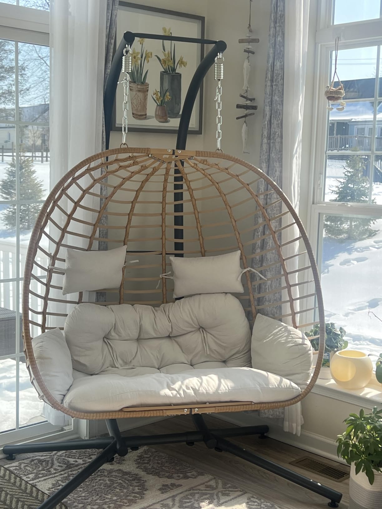 SWITTE Double Egg Swing Chair with Stand, Outdoor Patio 2 Person Hanging Wicker Hammock Chairs with Cushion for Indoor Bedroom, Lawn, Garden-Dark Grey customer photo 2