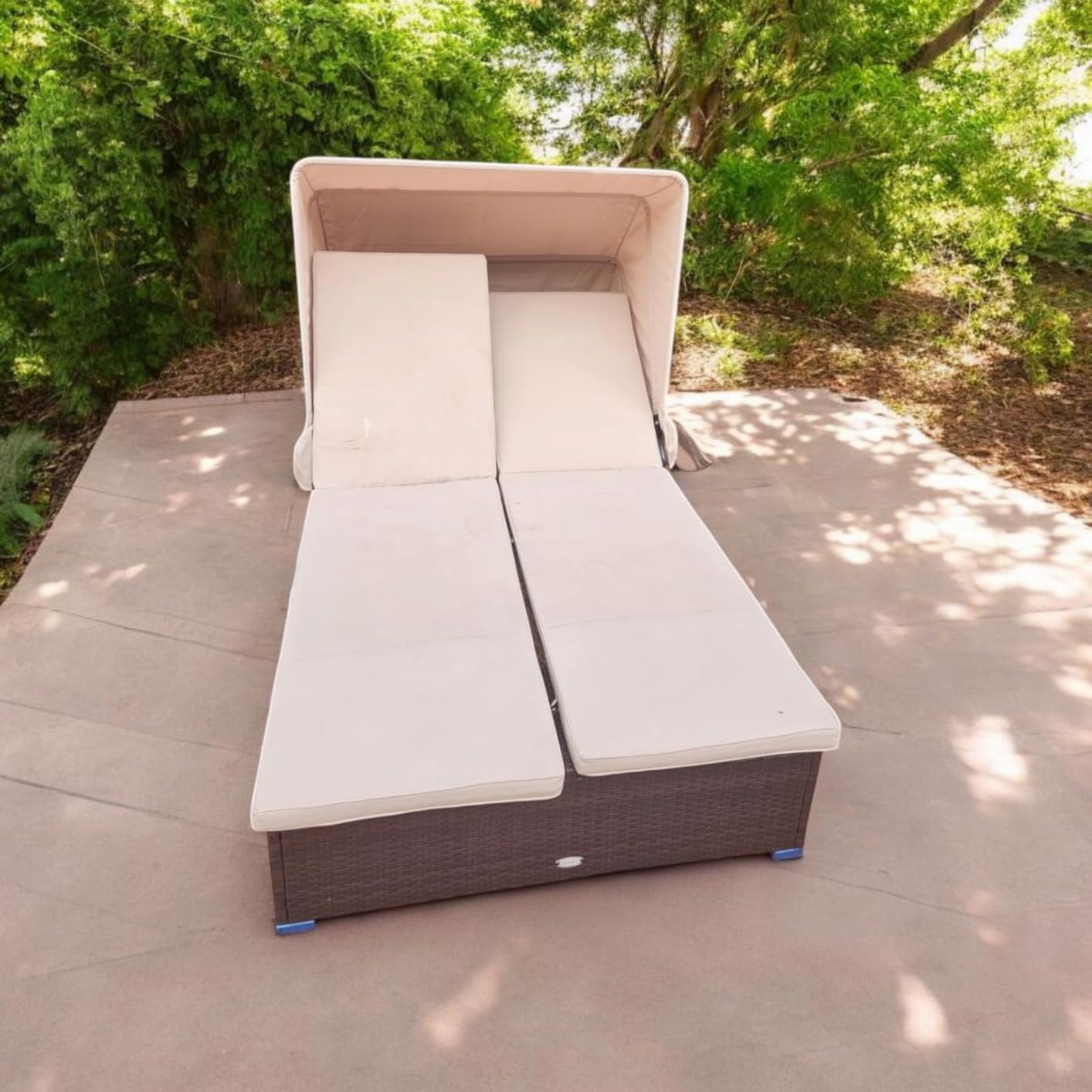 RELAX4LIFE Outdoor Daybed with Retractable Canopy - Wicker Double Chaise Lounge w/6-Position Backrest, 2 Folding Side Trays & Cushions customer photo 1