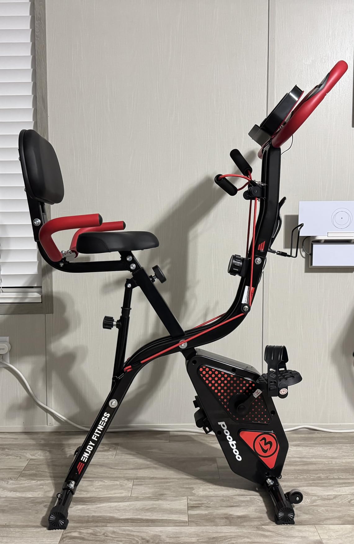 pooboo Folding Exercise Bike, Foldable Upright Stationary Bike, Indoor Cycling Magnetic X-Bike with 8-Level Adjustable Resistance, 6.6 LBS Flywheel, 300LB Capacity, Back Support Cushion for Home Gym customer photo 1