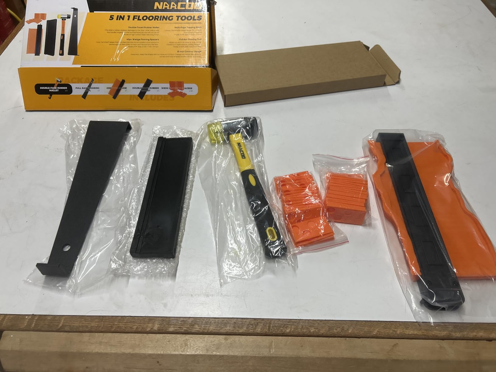 NAACOO Laminate/Vinyl Flooring Tools, Tapping Block for Vinyl Plank Flooring-Double Sided with Notches,10In Contour Gauge, Pull Bar, 40Pcs Floor Spacers,Rubber Mallet. Universal Floor Installation kit customer photo 2