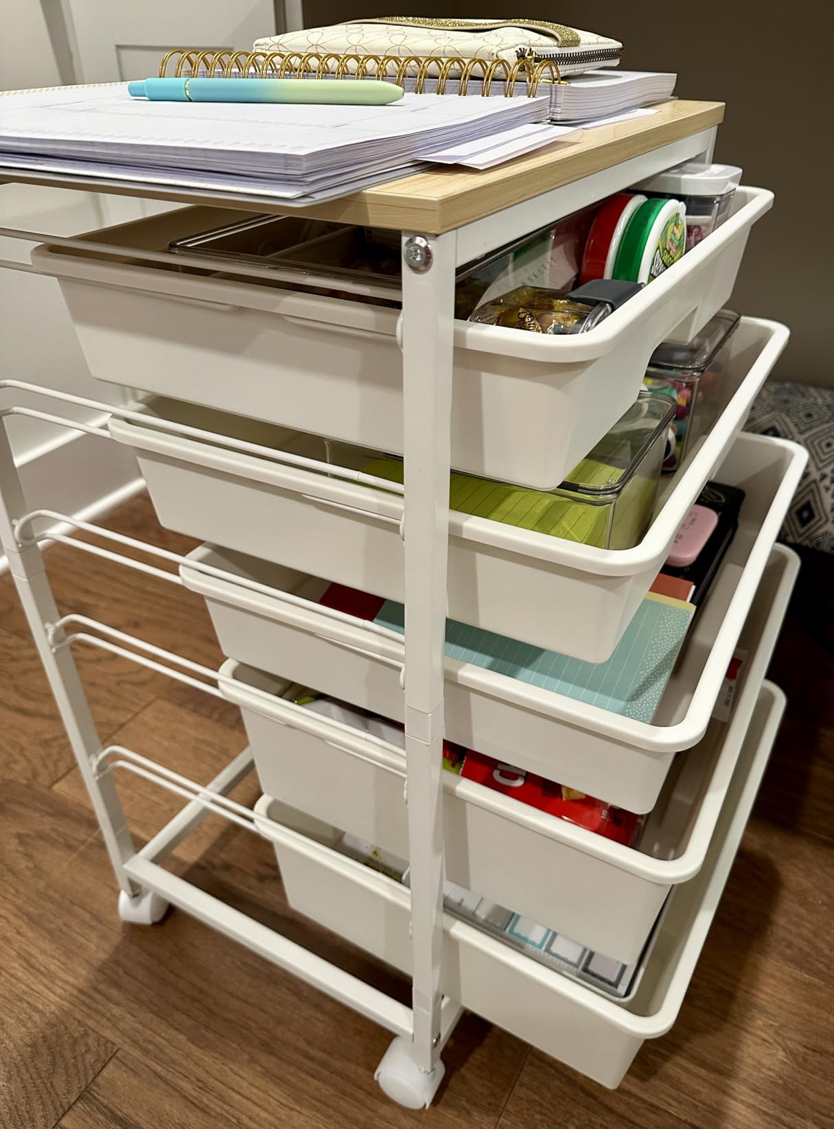 Craft cart, Rolling Cart with Drawers, Storage Cart with 5 Drawers and Wooden Tabletop for Under Desk Organizers and Storage, Green customer photo 2