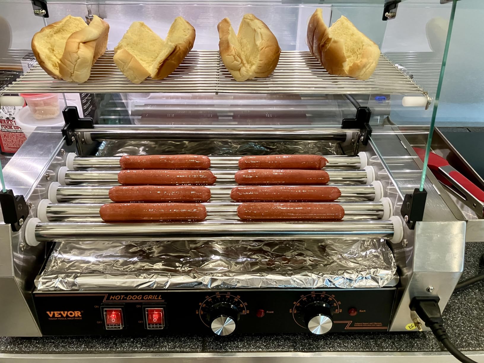 VEVOR Hot Dog Roller, 18 Hot Dog 7 Rollers, Stainless Steel Sausage Grill Cooker, 1050W Commercial Hot Dog Machine with Dual Temp Control, Cover, Side Storage Box, Removable Shelf & Oil Drip Tray customer photo 2