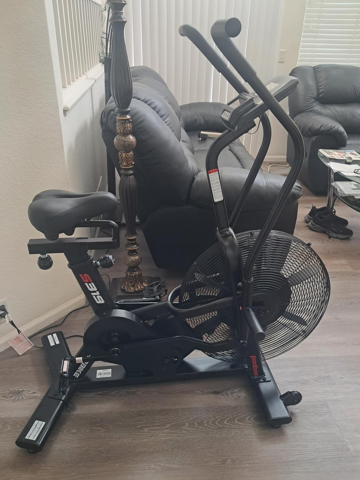 pooboo Exercise Bike, Stationary Bike for Home Gym, Air Resistance Bluetooth Fan Bike w/Dual Acction Handlebars & Dual-Layer Transmission System, Upright AirBike Indoor Cycling Bike for Cardio Workout customer photo 2