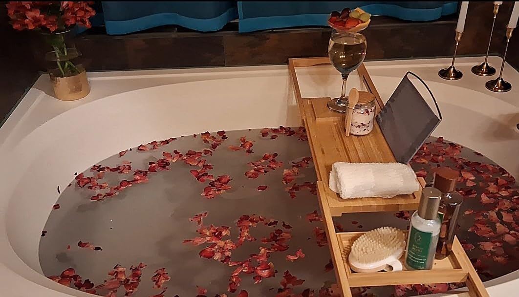 Foldable Bathtub Caddy Tray for Tub,Bamboo Expandable Bath Table Trays,Premium Bathroom Accessories for New Home & Mothers Day & Birthday Gifts for Couples,Natural customer photo 1