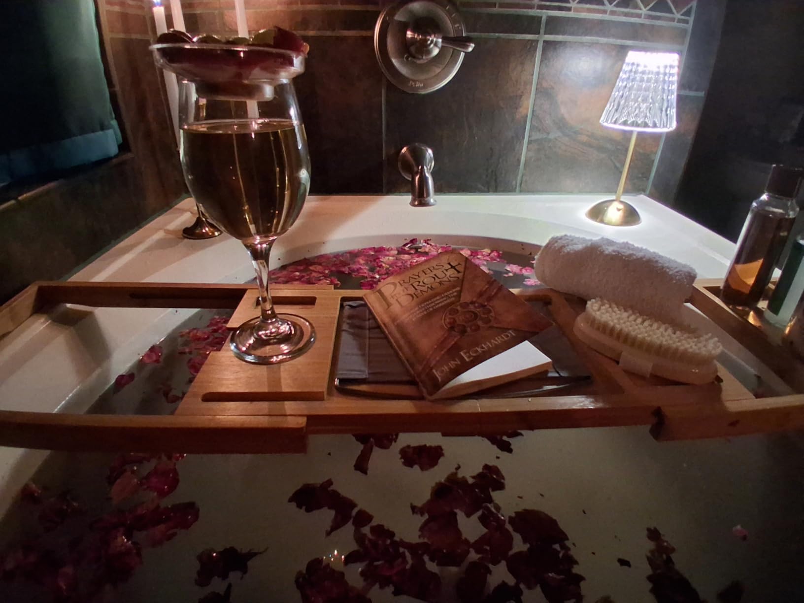 Foldable Bathtub Caddy Tray for Tub,Bamboo Expandable Bath Table Trays,Premium Bathroom Accessories for New Home & Mothers Day & Birthday Gifts for Couples,Natural customer photo 2