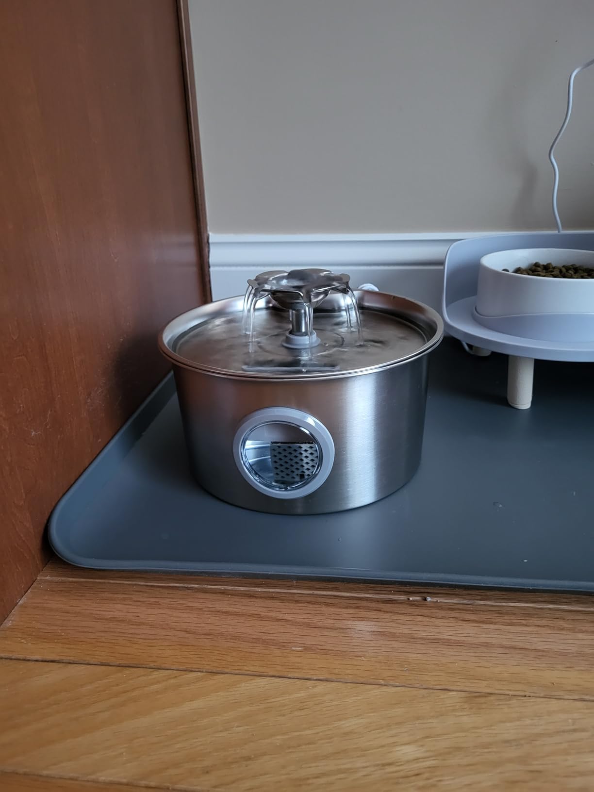 Stainless Steel Cat Water Fountain: 88oz/2.6L Ultra Quiet Pet Fountain with Flower Kitty Spout & LED Blue Light Water Dispenser with Water Level Window for Cats/Dogs Indoor (Silver) - IHOUONE customer photo 2