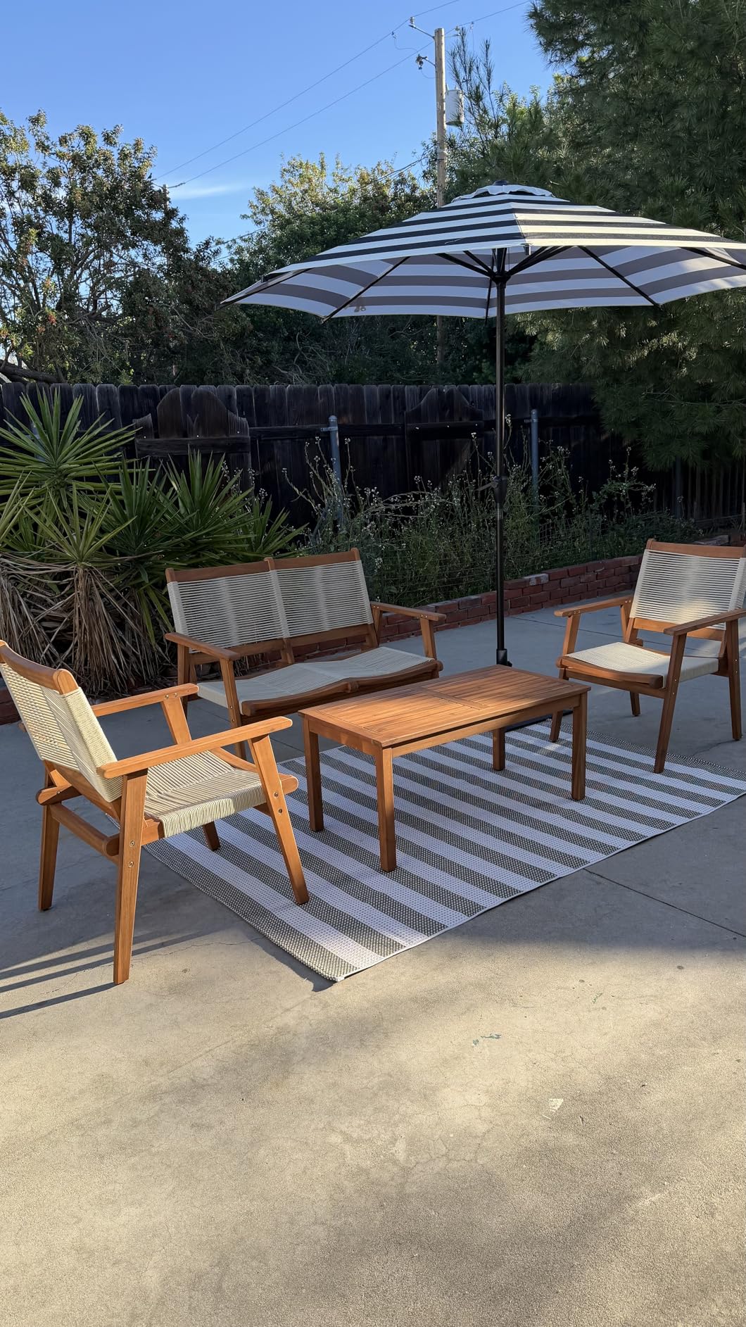 Devoko 4 Pieces Acacia Wood Patio Conversation Sets, Patio Furniture Set with Hand Woven Rope Seats and Back, Outdoor Chair and Table Set for 4 for Balcony, Backyard, Deck, Poolside customer photo 2