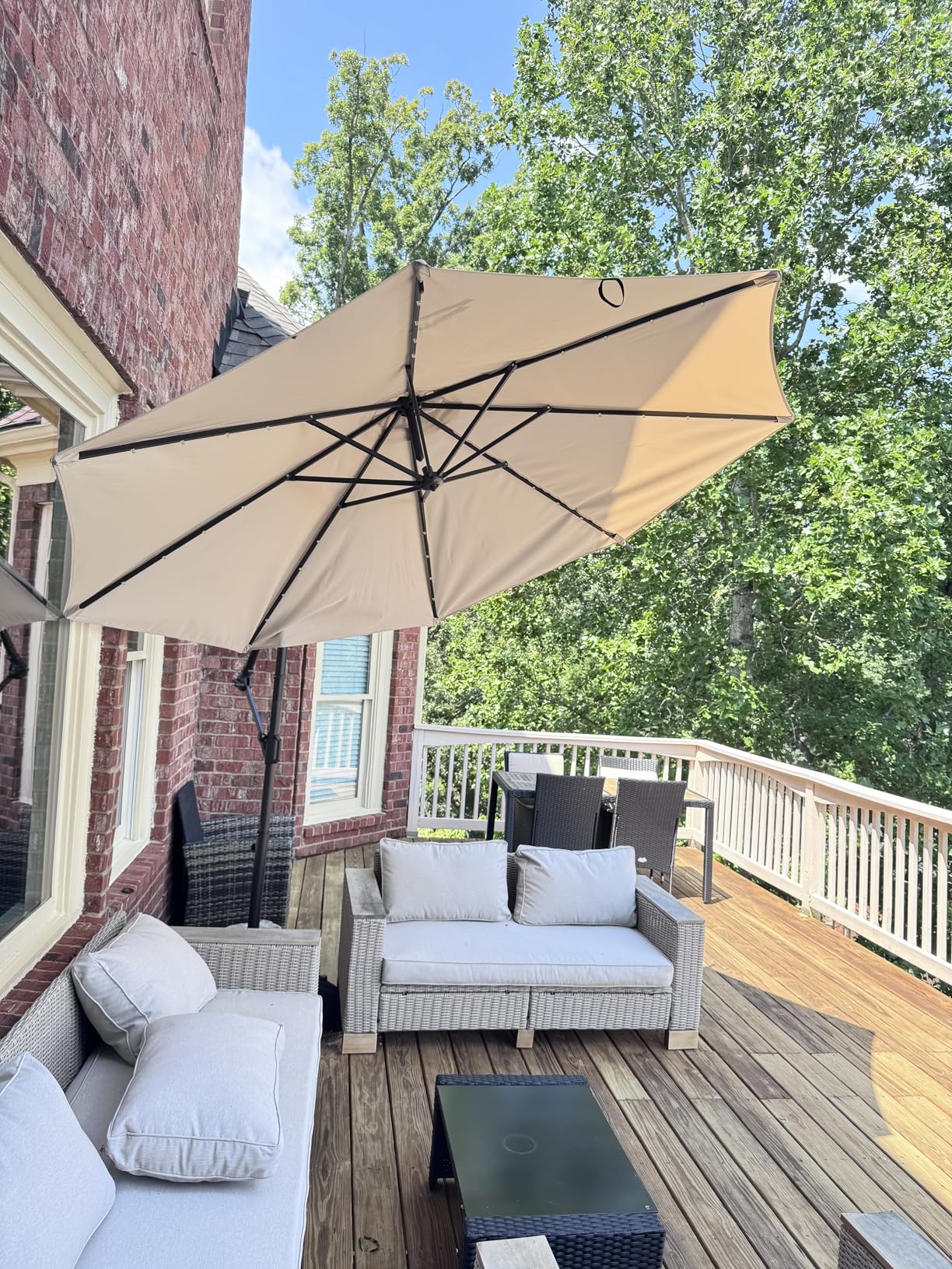 Tangkula 10ft Solar Patio Umbrella with Base Included, Offset Cantilever Outdoor Umbrella with 32 LED Lights, 360 Degree Rotation, Crank Handle for Pool Deck Garden Backyard (Tan) customer photo 2