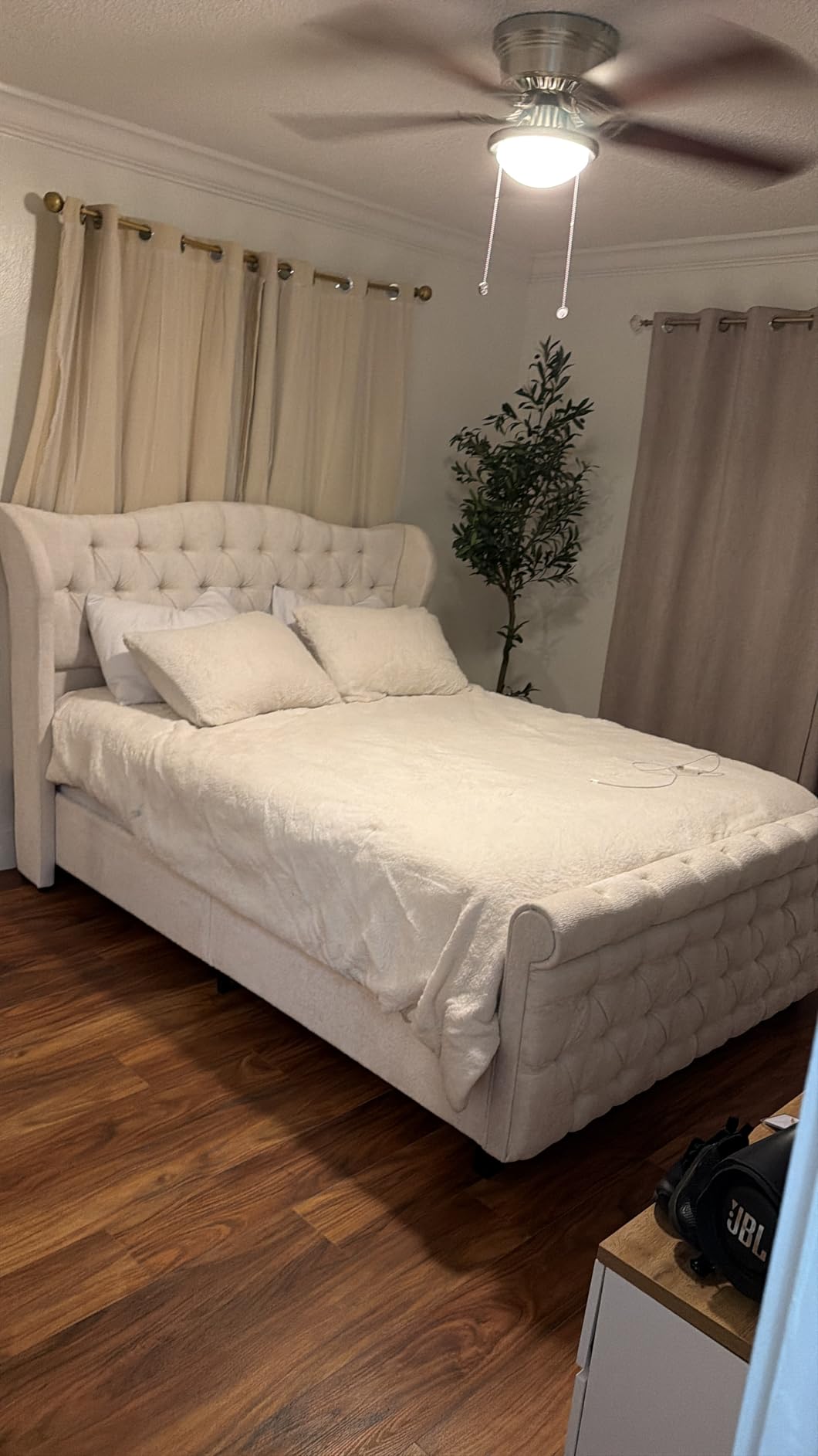 koorlian King Size Platform Bed Frame,Upholstered Sleigh Bed with 51 inch Tall Headboard Footboard,Modern Chenille Bed,Luxury Button Tufted,Sturdy Wood Slats Support,Cream customer photo 1
