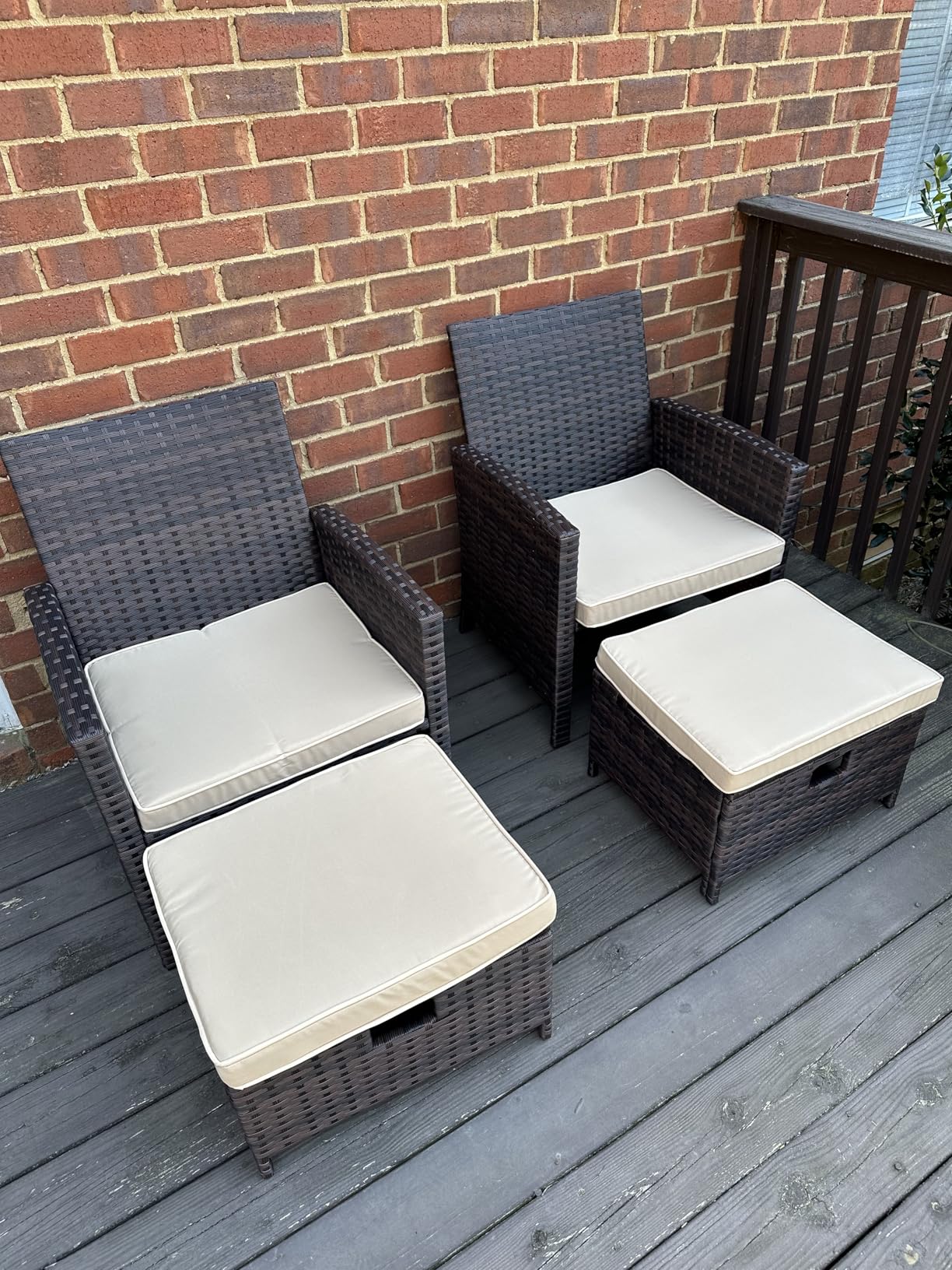 LEVELEVE Balcony Furniture 5 Piece Patio Conversation Set, PE Wicker Rattan Outdoor Lounge Chairs with Soft Cushions 2 Ottoman&Glass Table for Porch, Lawn-Brown Wicker customer photo 2