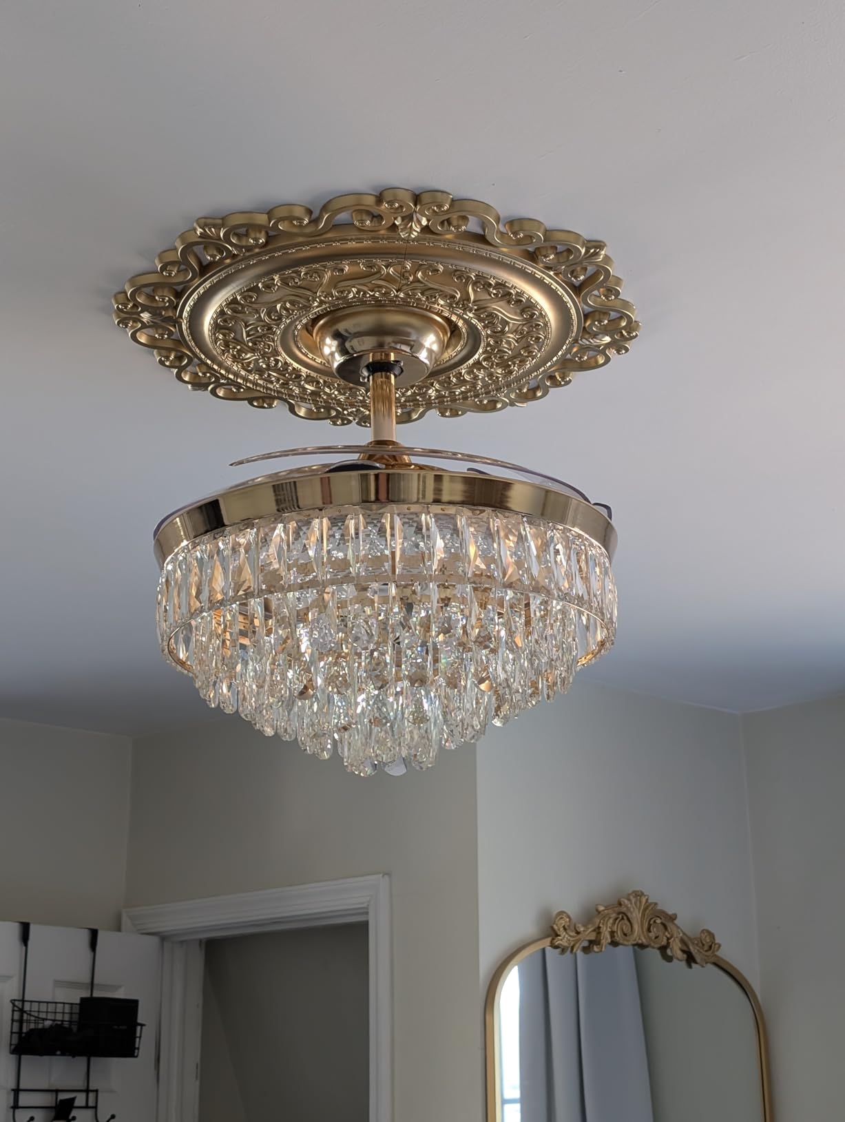 42'' Chandelier Ceiling Fan with Lights, Retractable Fan with Remote and APP, Crystal Fandelier Ceiling Fan, Dimmable LED, Reversible Motor, Quiet for Bedroom Living Room-Black customer photo 1