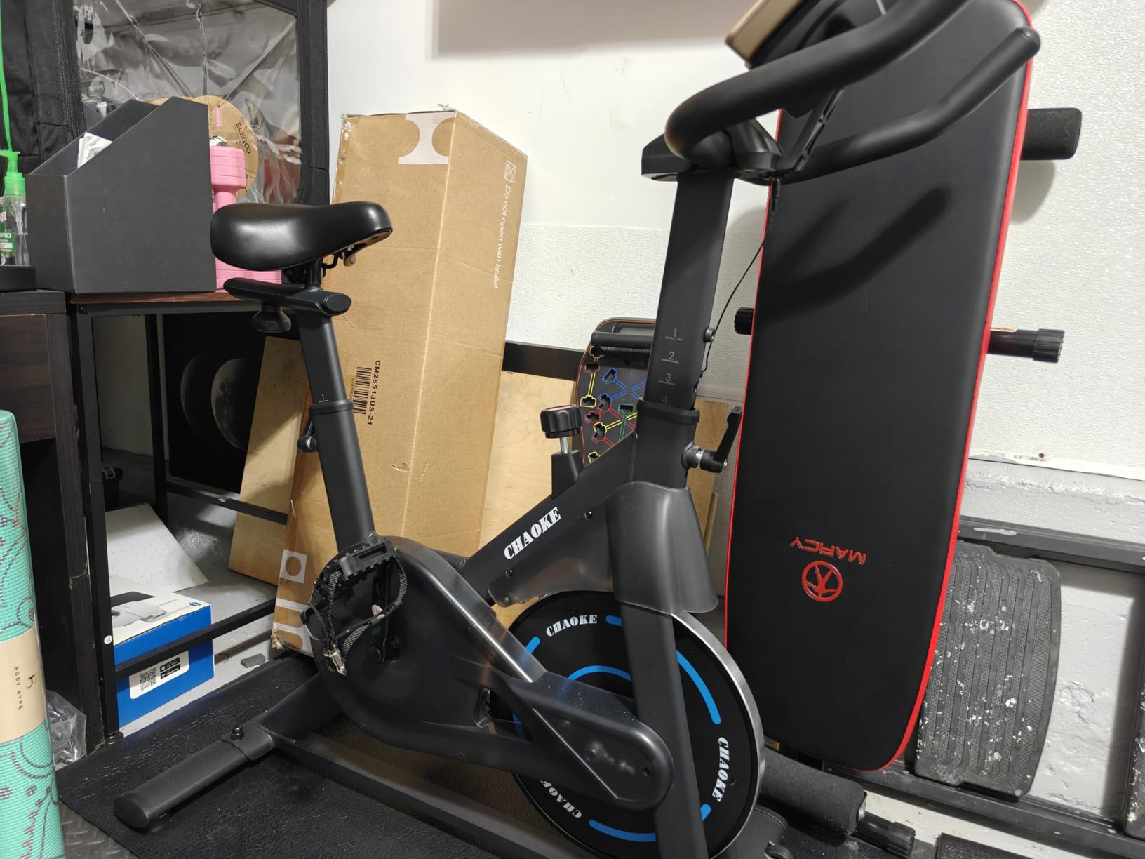 CHAOKE Exercise Bike, Quiet Adjustable Magnetic Stationary Bike for Home Cardio with App Compatible, 350LB Weight Capacity Indoor Cycling Bike with Large Seat, Dumbbell Rack, Pull Cords & LCD Display customer photo 1