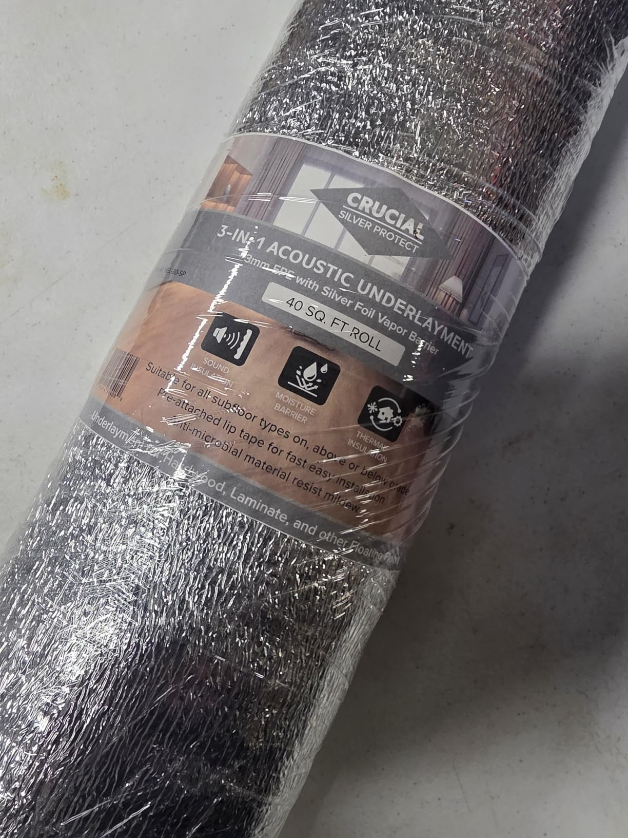 3-in-1 Acoustic Premium Floor Underlayment - 200 sqft Roll - 3mm Thick EPE with Silver Foil Vapor Barrier with Tape - Moisture Barrier, Thermal Insulation, Sound Insulation (Silver Protect) customer photo 1