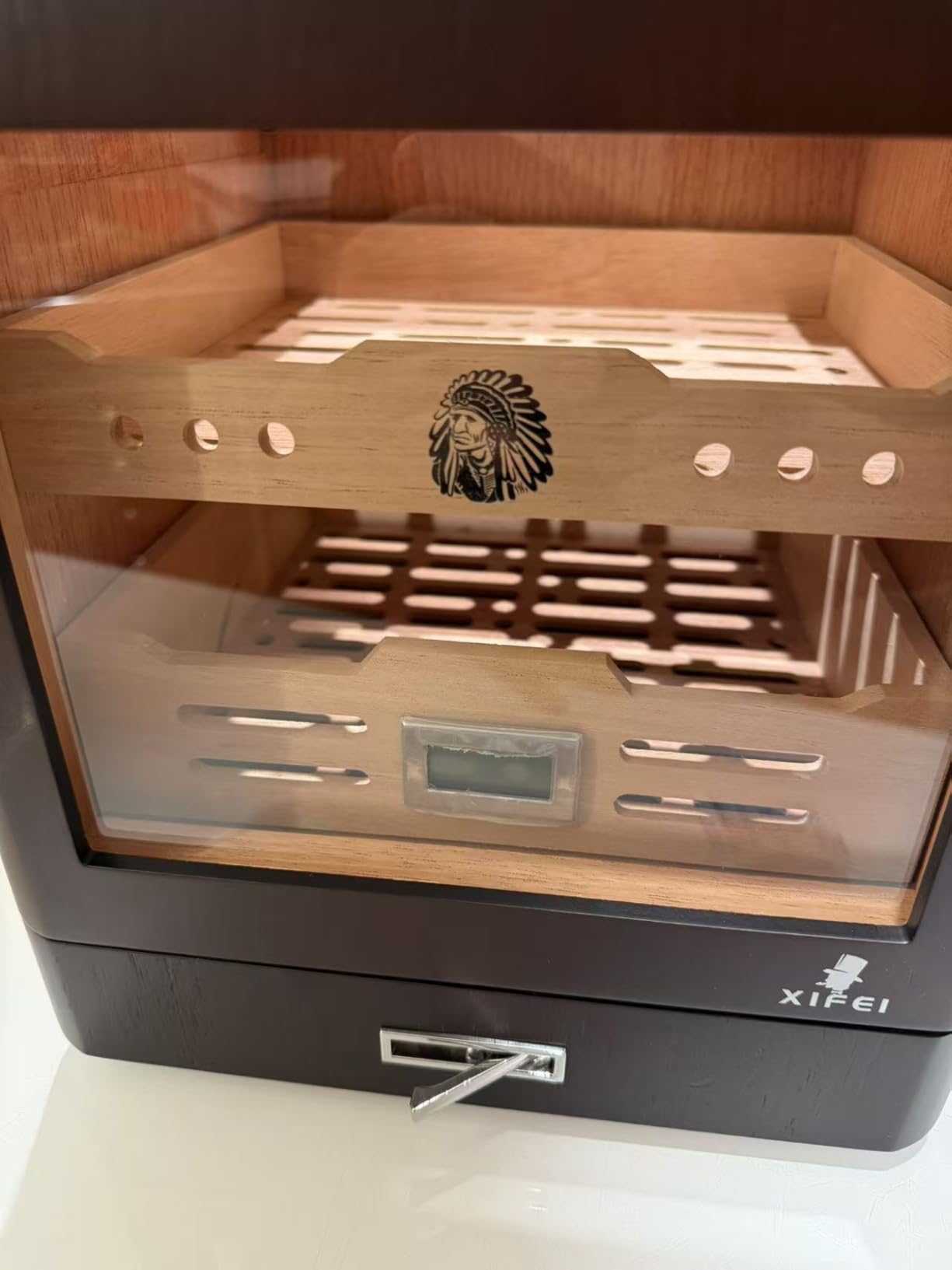 XIFEI Cigar Humidor Cabinet, Glass Top & Adjustable LED Lighting, Digital Hygrometer, 2 Humidifiers, Cigar Tube, Desktop Cedar Wood Humidor with Accessory Drawer for 80-100 Cigars, Ideal Men's Gift customer photo 2