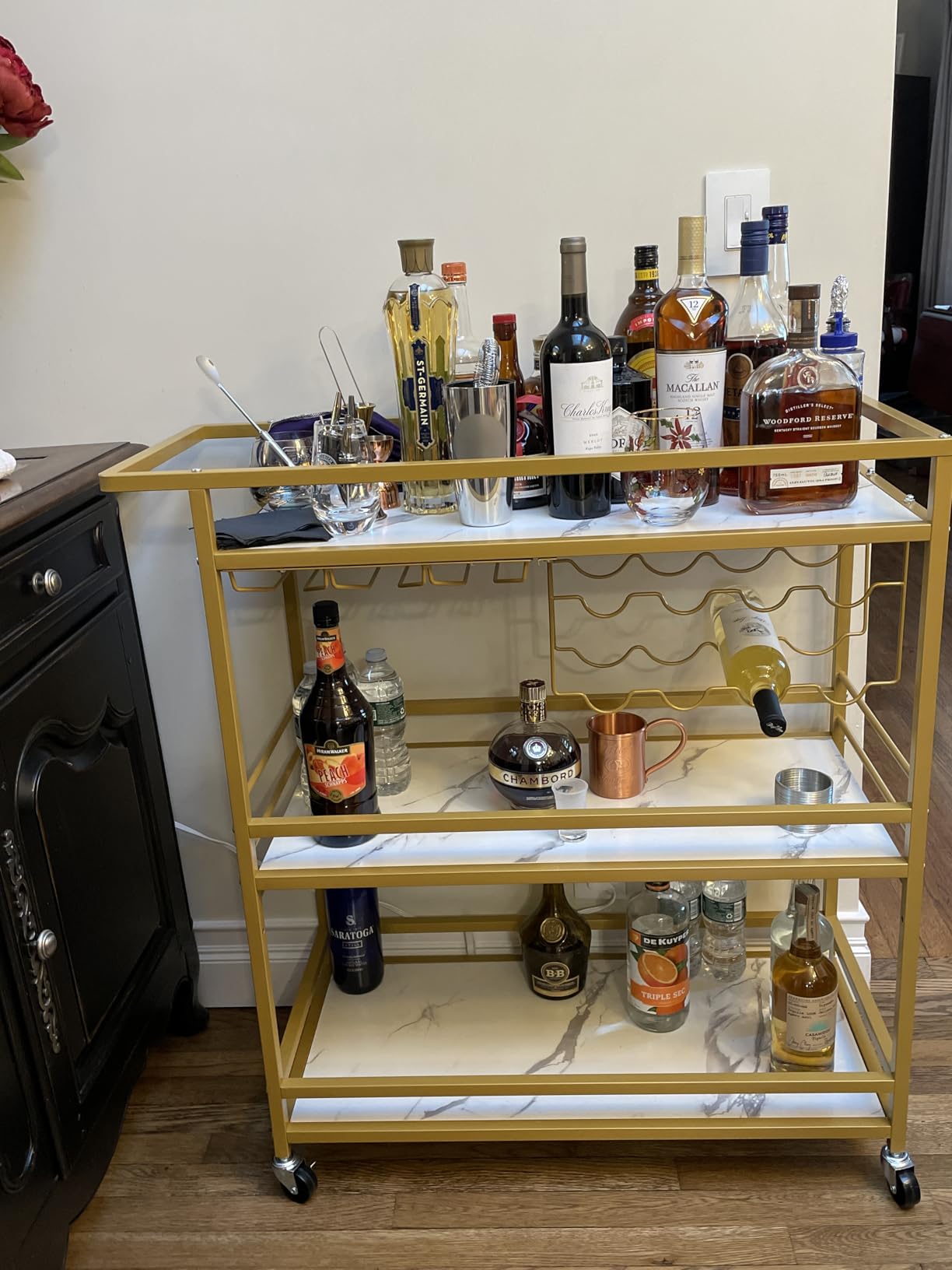 Leteuke Bar Cart for Home, 3 Tier Gold Serving Rolling Carts with Wheels, Drink Cart, Liquor Stand with Marbled Wooden Shelves, Wine Rack and Glass Holder for Kitchen, Dining Room customer photo 1