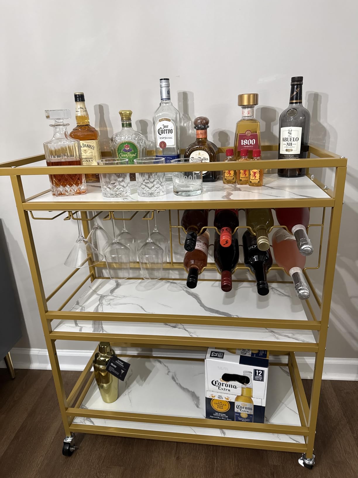Leteuke Bar Cart for Home, 3 Tier Gold Serving Rolling Carts with Wheels, Drink Cart, Liquor Stand with Marbled Wooden Shelves, Wine Rack and Glass Holder for Kitchen, Dining Room customer photo 2