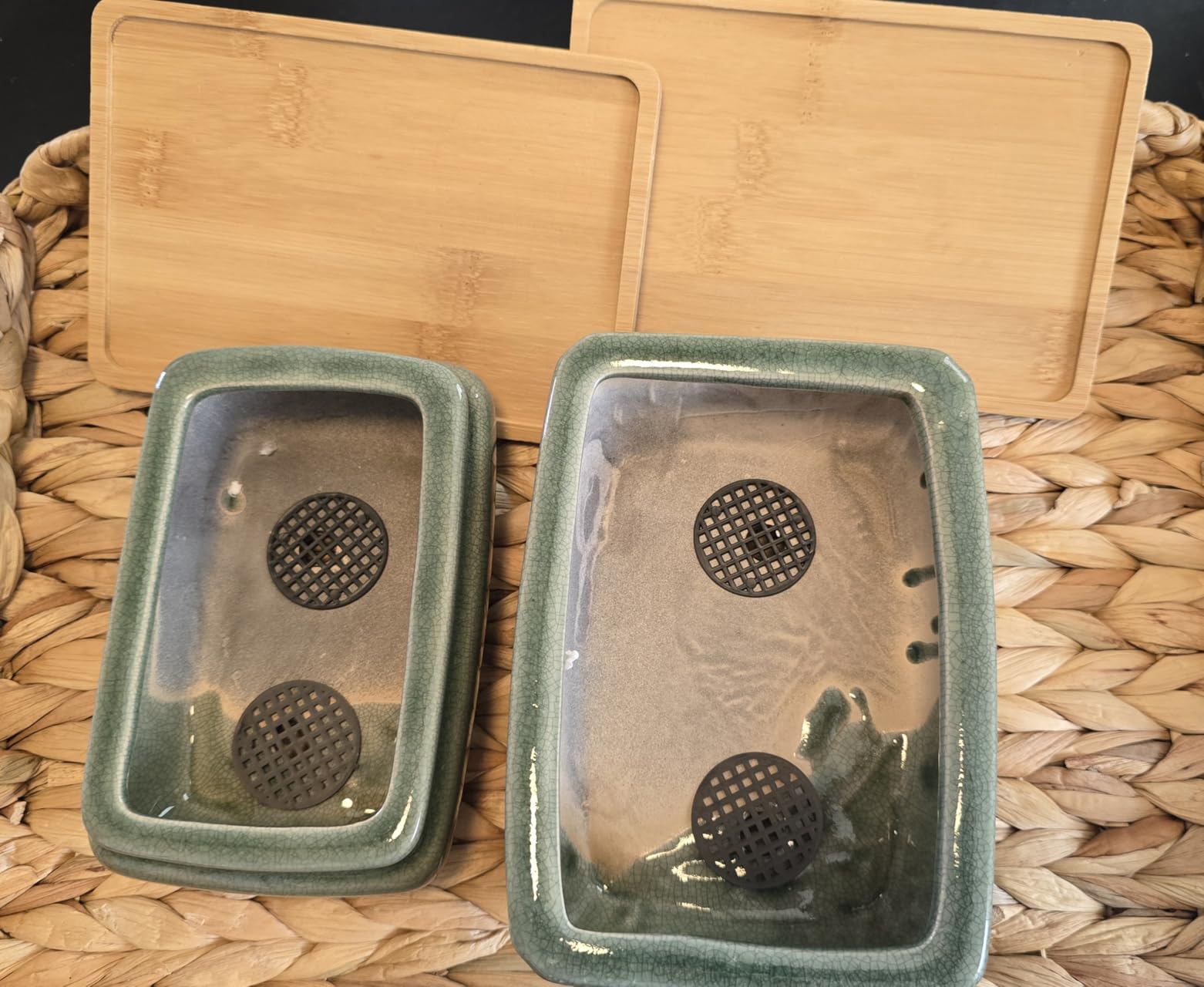 MUZHI 2pcs Green Ceramic Bonsai Planter Pots with Bamboo Tray 6.2 and 5.3, Rectangular Glazed Bonsai & Succulent Cactus Starter Pot with Drainage Ice Crack Design customer photo 1