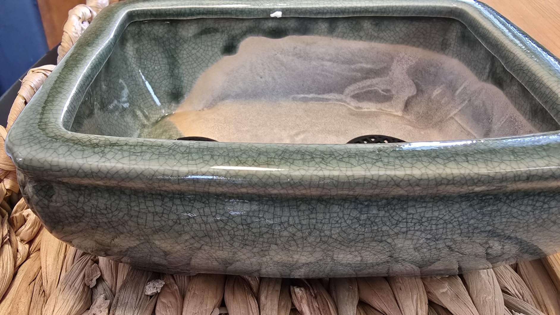 MUZHI 2pcs Green Ceramic Bonsai Planter Pots with Bamboo Tray 6.2 and 5.3, Rectangular Glazed Bonsai & Succulent Cactus Starter Pot with Drainage Ice Crack Design customer photo 2