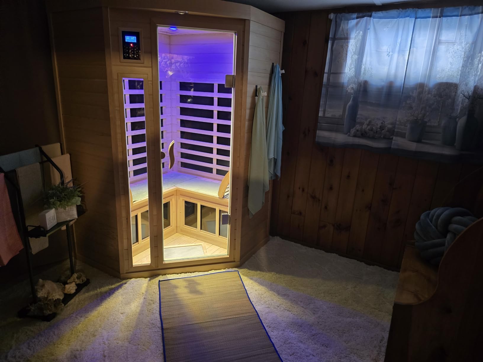 2 Person Infrared Sauna 0-5mG Ultra Low EMF Infrared Sauna Far Infrared Sauna Canadian Hemlock Indoor Corner Sauna with Front Door Heating Panel, Chromotherapy Light customer photo 2