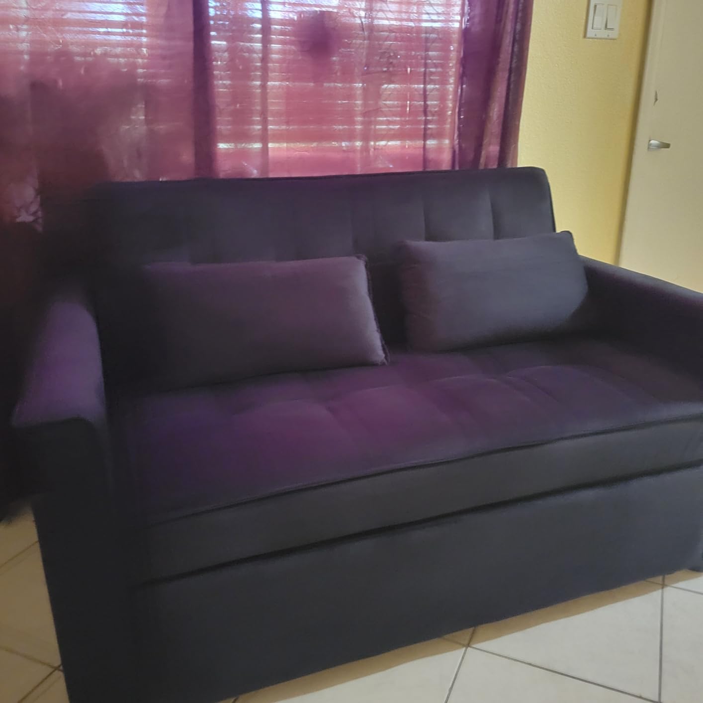 3 in 1 Pull Out Couch Bed, Convertible Futon Sofa Bed, Velvet Sleeper Loveseat for Small Living Room, Adjustable Backrest, Comfy Pillows, Side Pocket (Black) customer photo 2