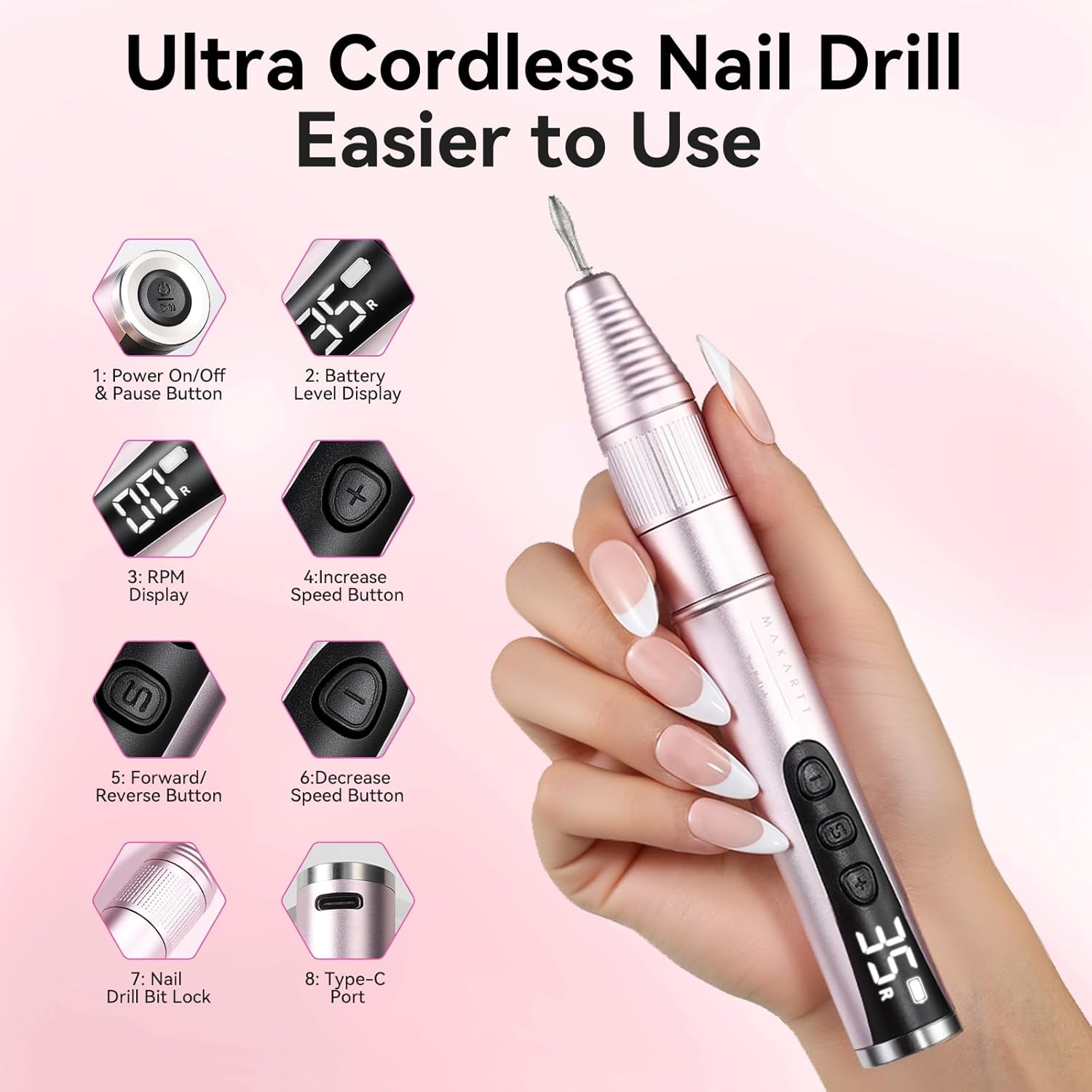 Makartt Electric Nail Drill - Rechargeable 35000 RPM Professional Efile, Cordless Nail Drill Machine Kit & Nail Machine for Acrylic Dip Powder Gel Polish,Quiet Lightweight Portable Tool for Salon Home customer photo 2