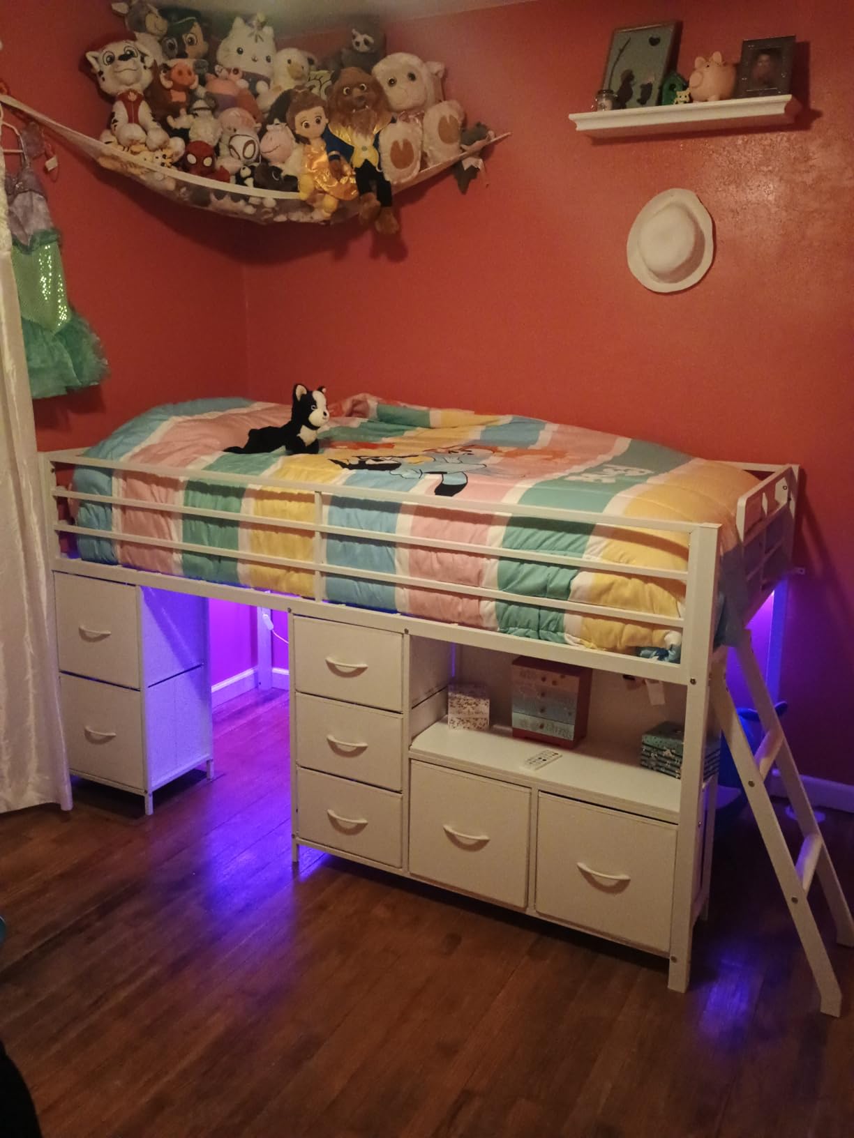 ADORNEVE Low Loft Bed Twin Size with 7 Storage Drawers, Bookcase and LED Lights, Metal Kids Loft Bed with 14