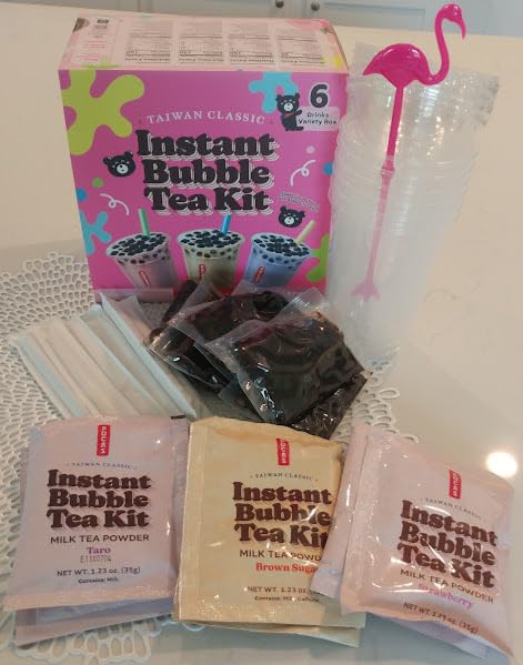 Pocas Bubble Tea Kit, Variety 6-Pack Party Set - Strawberry, Taro, and Brown Sugar with Tapioca Pearls, Milk Powder, Cups, Paper Straws, 17.9 Oz customer photo 2