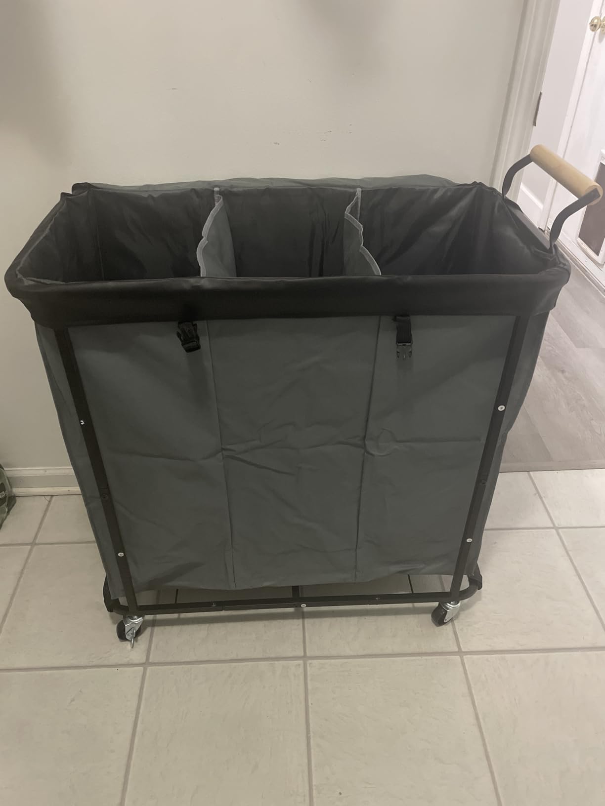 60 Gal (230L) Laundry Hamper 3 Section with Lid, Leather Patchwork Laundry Sorter with Rolling Lockable Wheels and Handle, Laundry Basket Organizer for Laundry Room, Bedroom and Bathroom - Gray customer photo 1