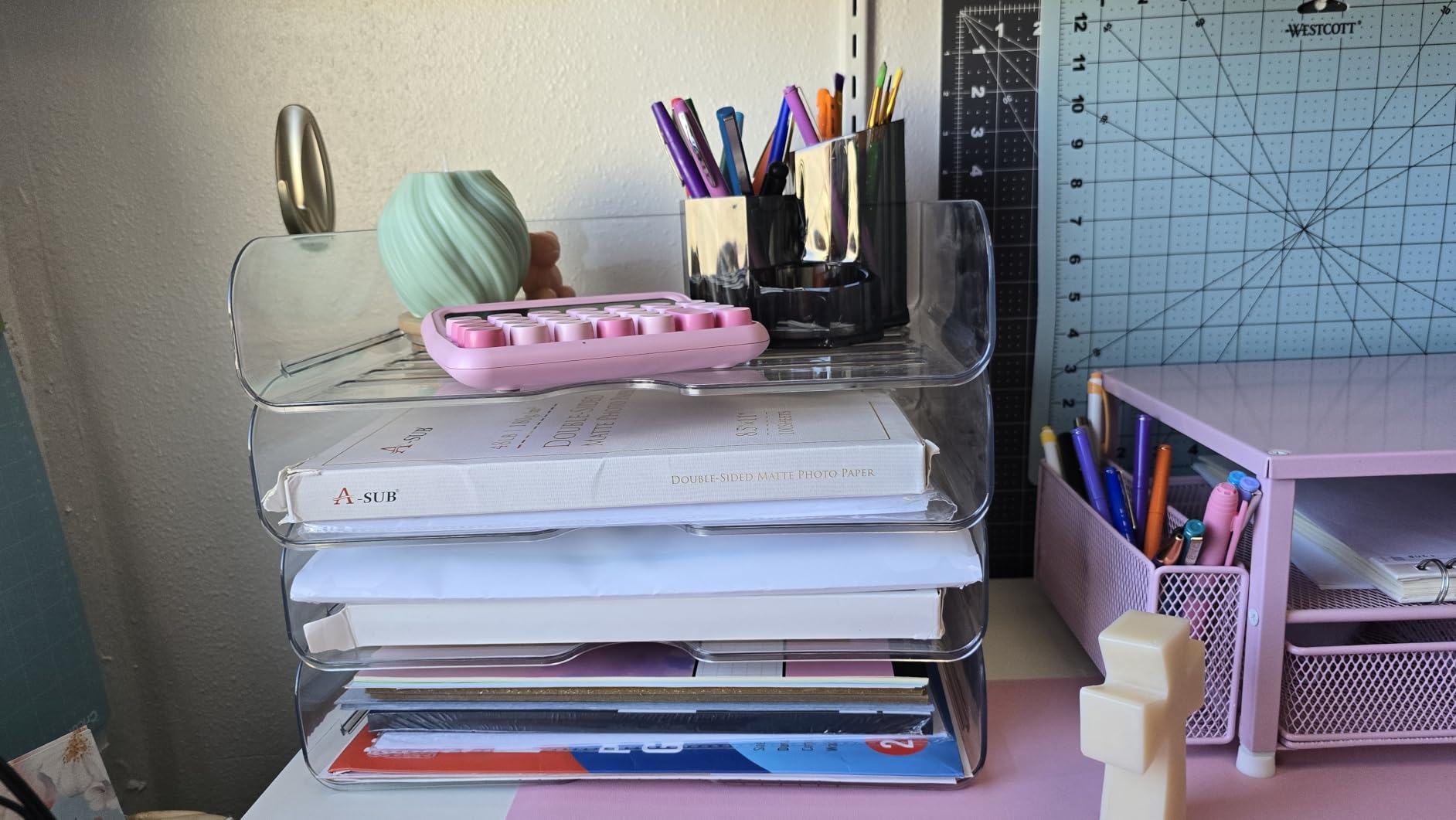 YKLSLH 4 Trays Paper Organizer Letter Tray - Acrylic Desk File Organizer, Stackable Clear Paper Holder Sorter Office Organizer for Letter/A4, Office File Ipad Books Notes Etc customer photo 2