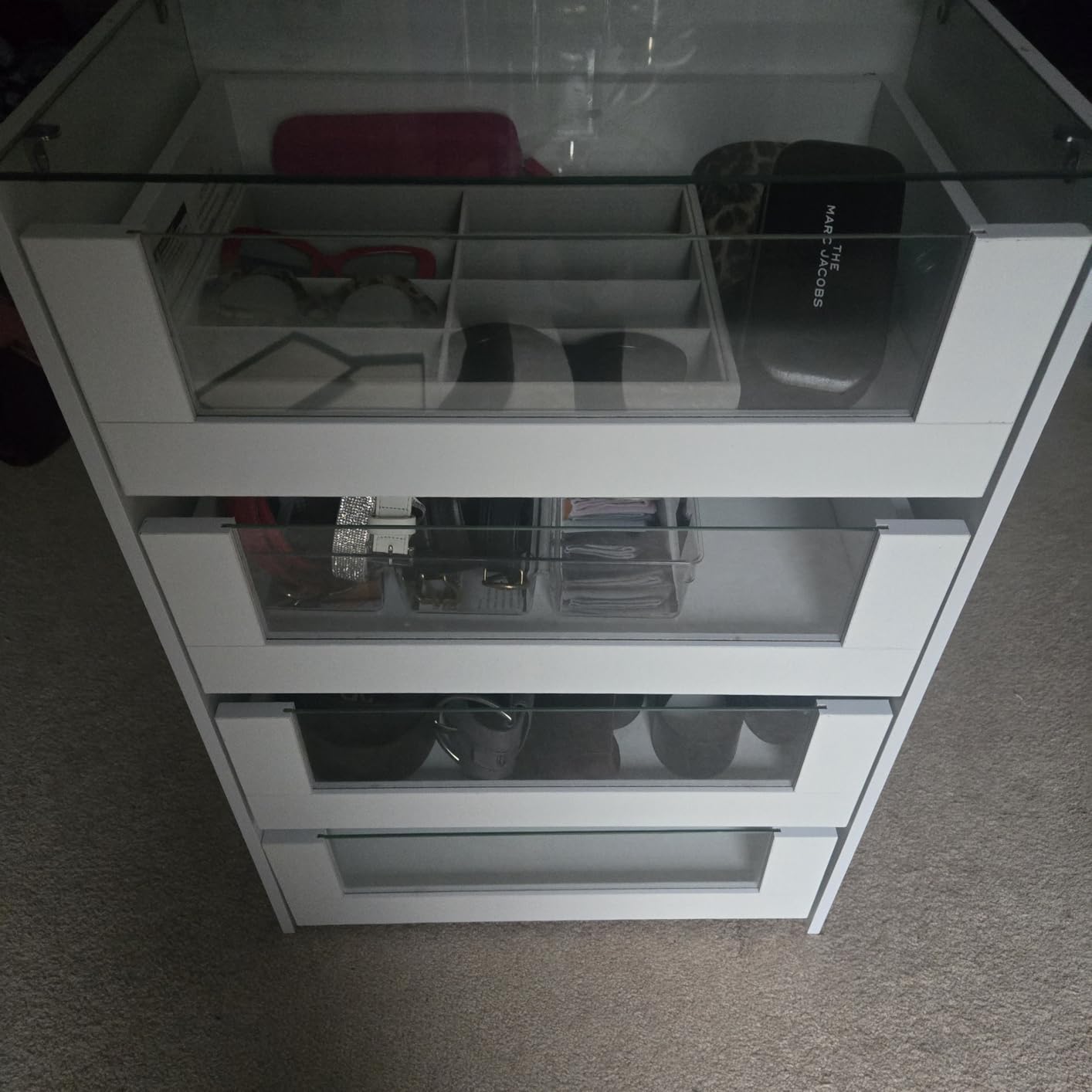 Closet Island with Drawers, 16 Drawers Wardrobe Closet with Glass Top and LED Light, White Island Dresser with Jewelry Organizer for Bedroom & Cloakroom customer photo 1