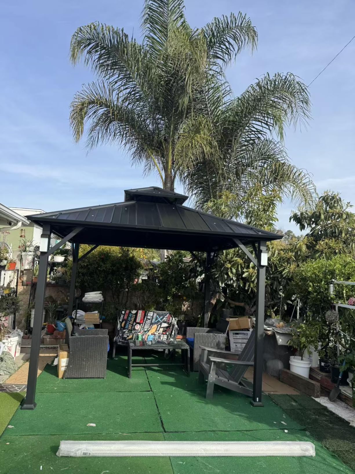 Modern Shade The Horizon Permanent Hardtop Gazebo 12' x 24' with 4 LED Lights, Outdoor Gazebo w/Galvanized Steel Double Roof, Patio Pavilion w/Decor Hooks, Mosquito Netting and Curtains, Wood Grain customer photo 1