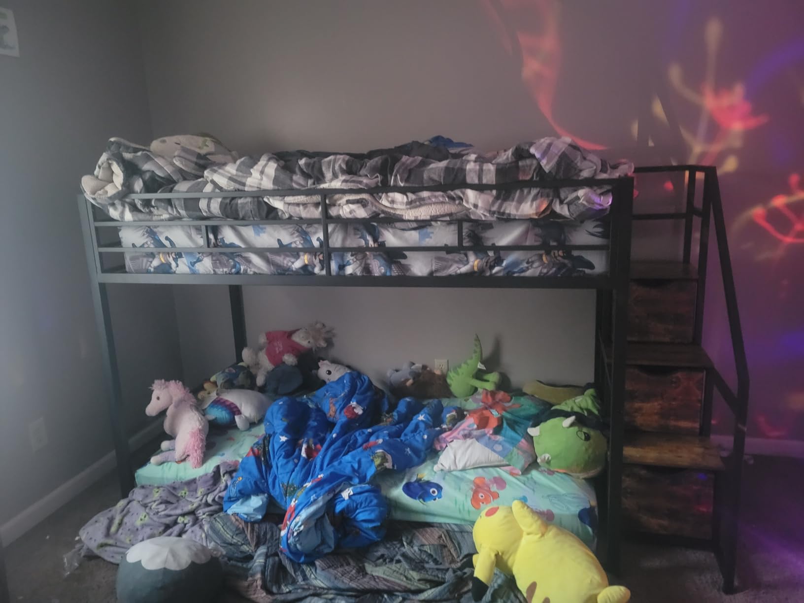 ADORNEVE Low Bunk Bed Twin Over Twin with Stairs, Storage Drawers & Shelves, RGB LED Lights Metal Floor Bunk with Power Outlet, Full-Length Guardrail & Metal Slats, for Small Space, Kids, White customer photo 1