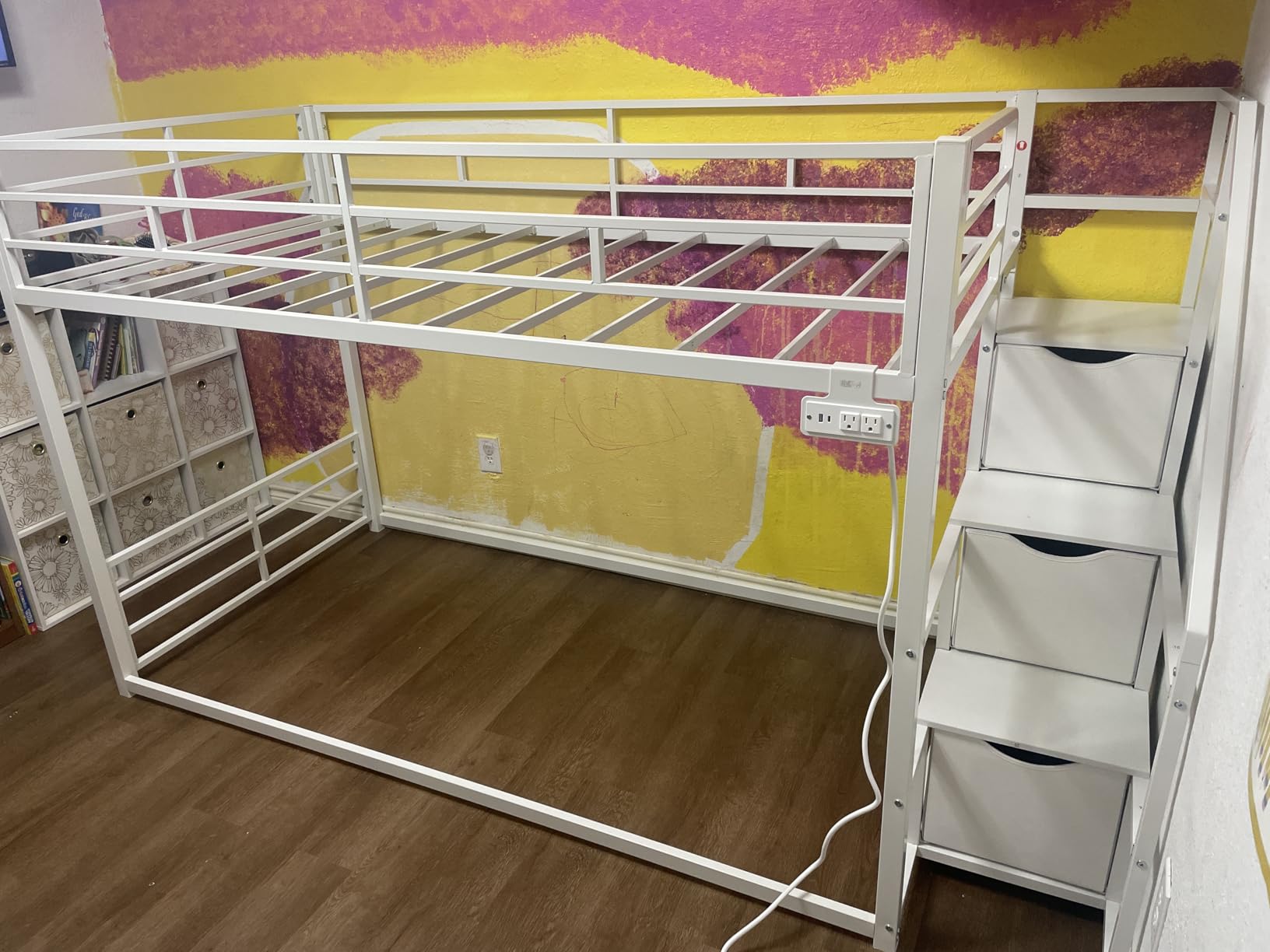 ADORNEVE Low Bunk Bed Twin Over Twin with Stairs, Storage Drawers & Shelves, RGB LED Lights Metal Floor Bunk with Power Outlet, Full-Length Guardrail & Metal Slats, for Small Space, Kids, White customer photo 2