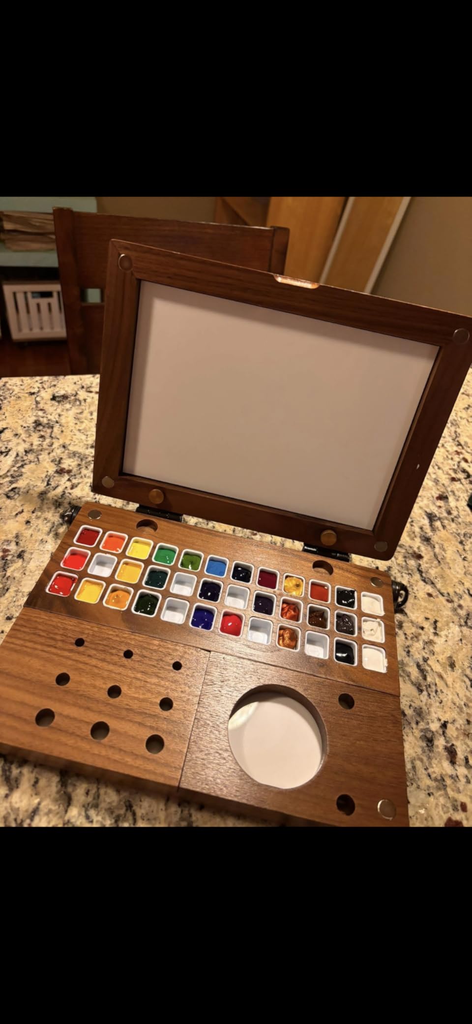 36-Grid Empty Watercolor Palette Box for Travel, Walnut Wood Artist Palette Tray Kit with Wash Jar, 9 Pen Holders, for Acrylic Gouache Water Color Painting customer photo 1
