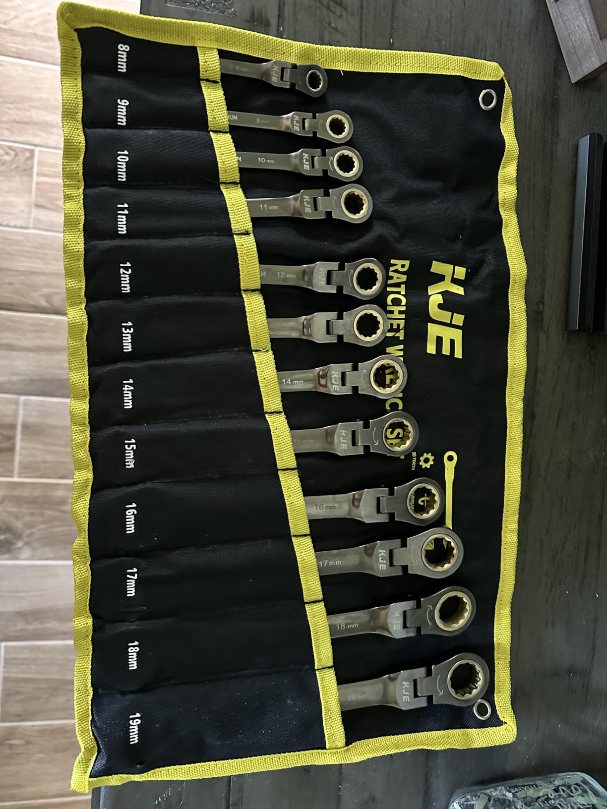 KJE 90-Teeth Metric 180° Flex-Head Ratcheting Wrench Set, Cr-V Steel, 12-Piece Metric 8-19mm Combination Wrenches set, Nickel Plating, with Organizer Bag, for Auto, Machine Repair, Father's Day Gift customer photo 2