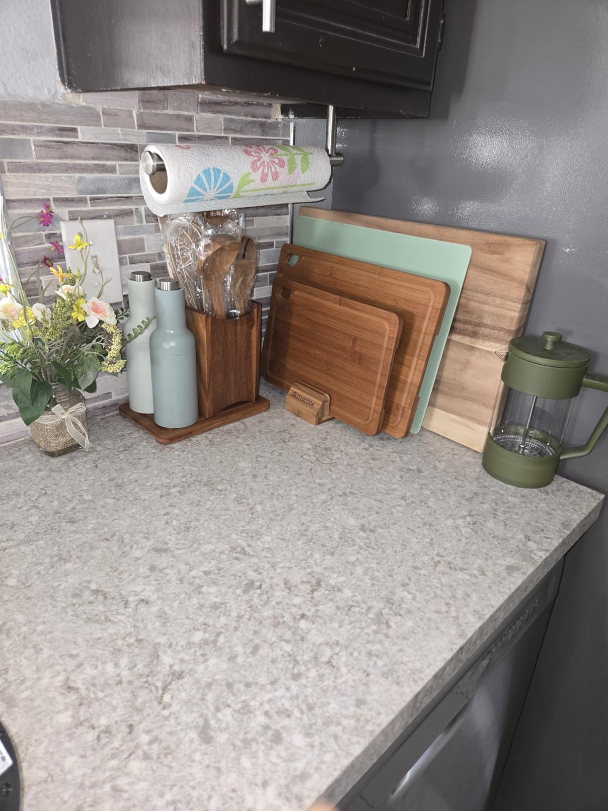 Astercook Deep-Carbonized Bamboo Cutting Boards for Kitchen with Wood Storage Stand, Reversible Charcuterie & Chopping Boards with Juice Grooves and Easy-Grip Handles, Knife-Friendly, Kitchen Gift customer photo 2