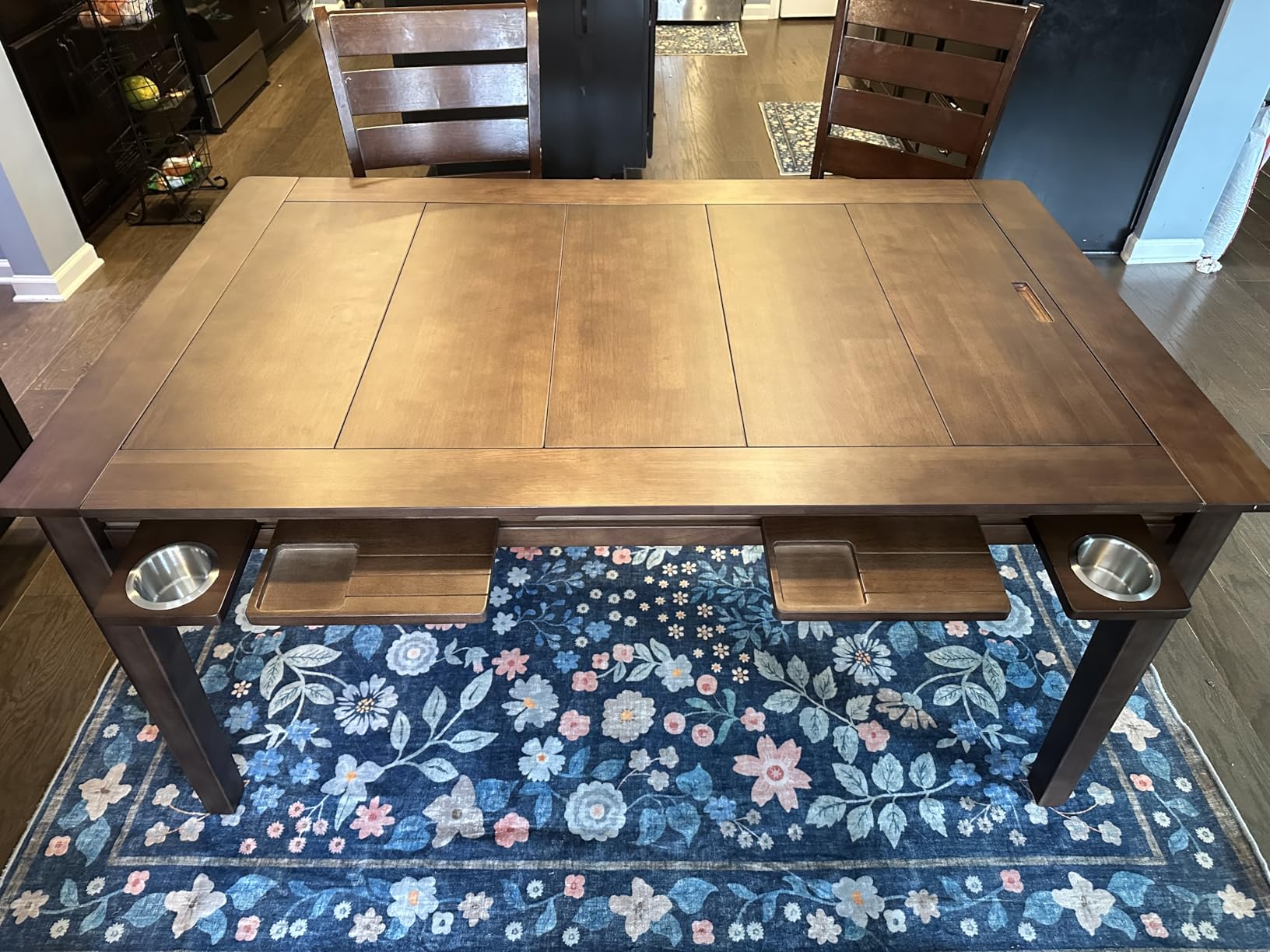 Haddockway 63x39 Board Game Table with Removable Top, Solid Wood Dining/Gaming Table for 4-6 Players with Play Mat, 6 Detachable Cup Holders & 6 Hobby Trays, Warm Walnut customer photo 1