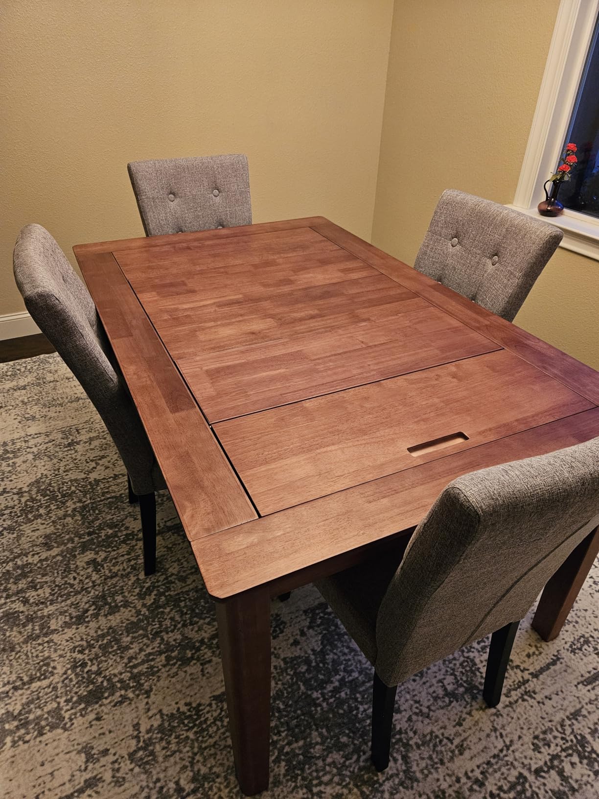 Haddockway 63x39 Board Game Table with Removable Top, Solid Wood Dining/Gaming Table for 4-6 Players with Play Mat, 6 Detachable Cup Holders & 6 Hobby Trays, Warm Walnut customer photo 2