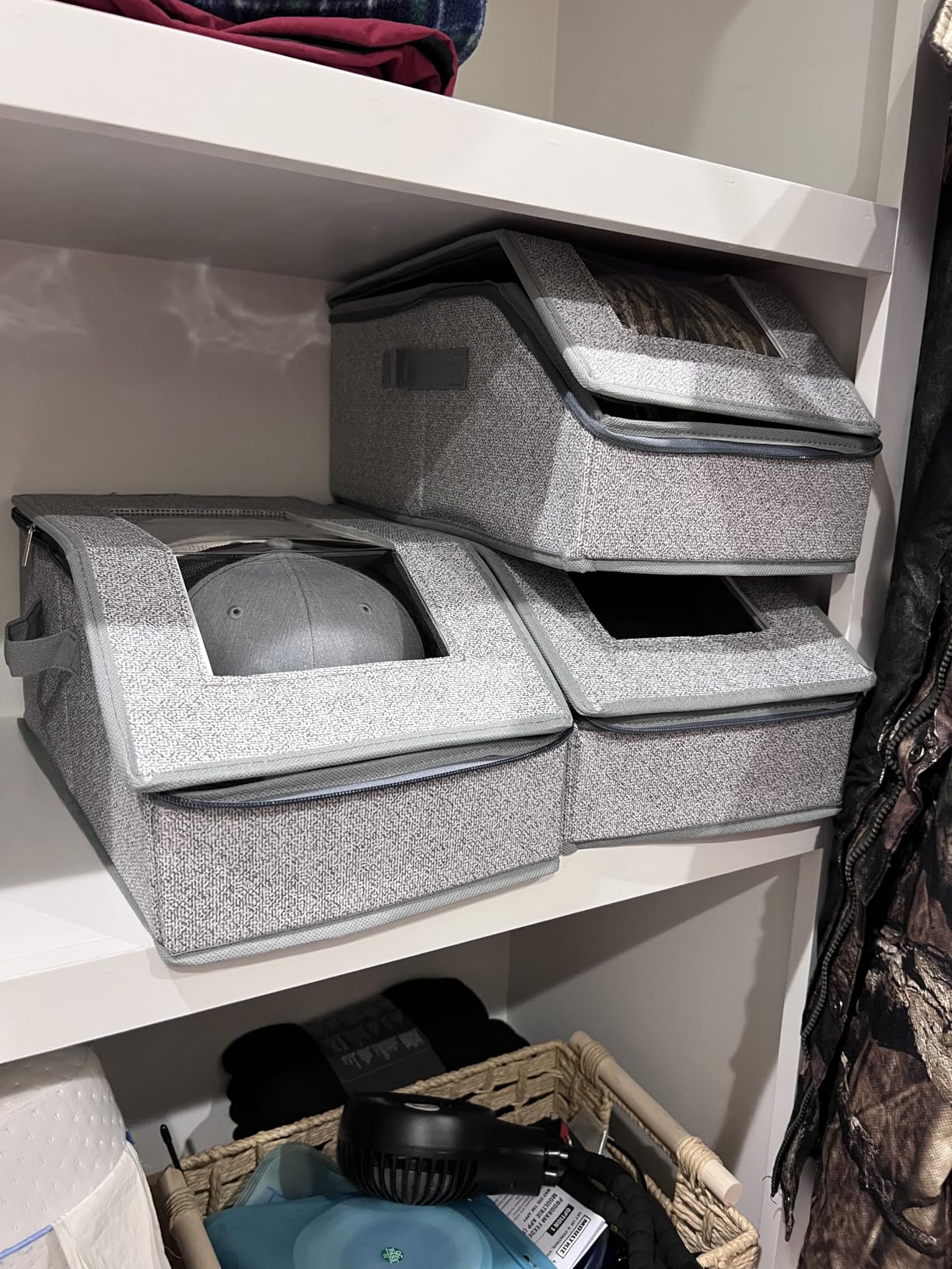 3 Pack Stackable Hat Organizer for Baseball Caps, Hat Storage with Clear Window Lid, Holds up to 45 Ball Cap Storage Organizer, Foldable Hat Box Holder with Cardboard, for Closet Bedroom Shelf(Grey) customer photo 1