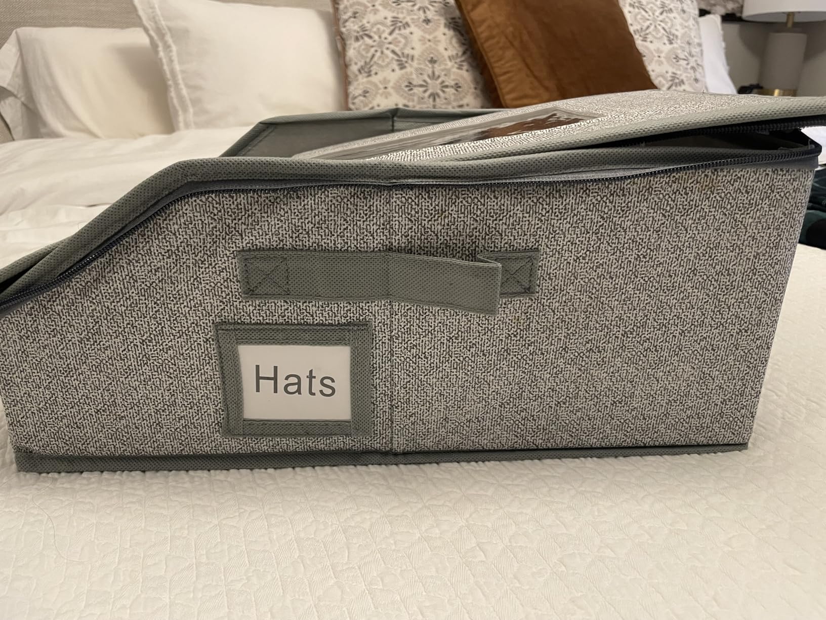 3 Pack Stackable Hat Organizer for Baseball Caps, Hat Storage with Clear Window Lid, Holds up to 45 Ball Cap Storage Organizer, Foldable Hat Box Holder with Cardboard, for Closet Bedroom Shelf(Grey) customer photo 2