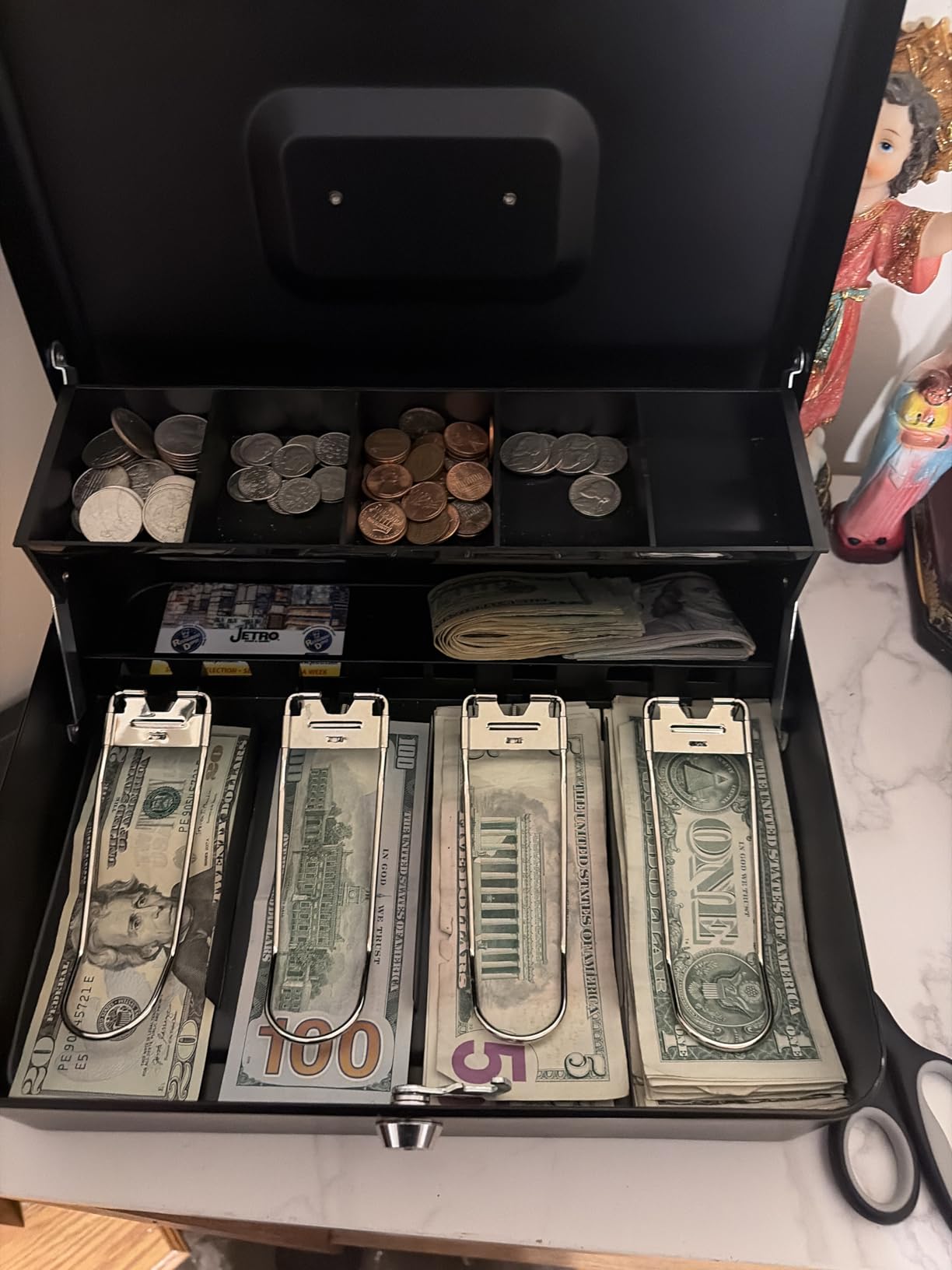 Uniclife Cash Box with Money Tray and Lock, Large Money Box for Cash Register, Safe Metal Lock Box with Key, Portable Money Saving Box, Black Metal Cash Drawer, 11.9