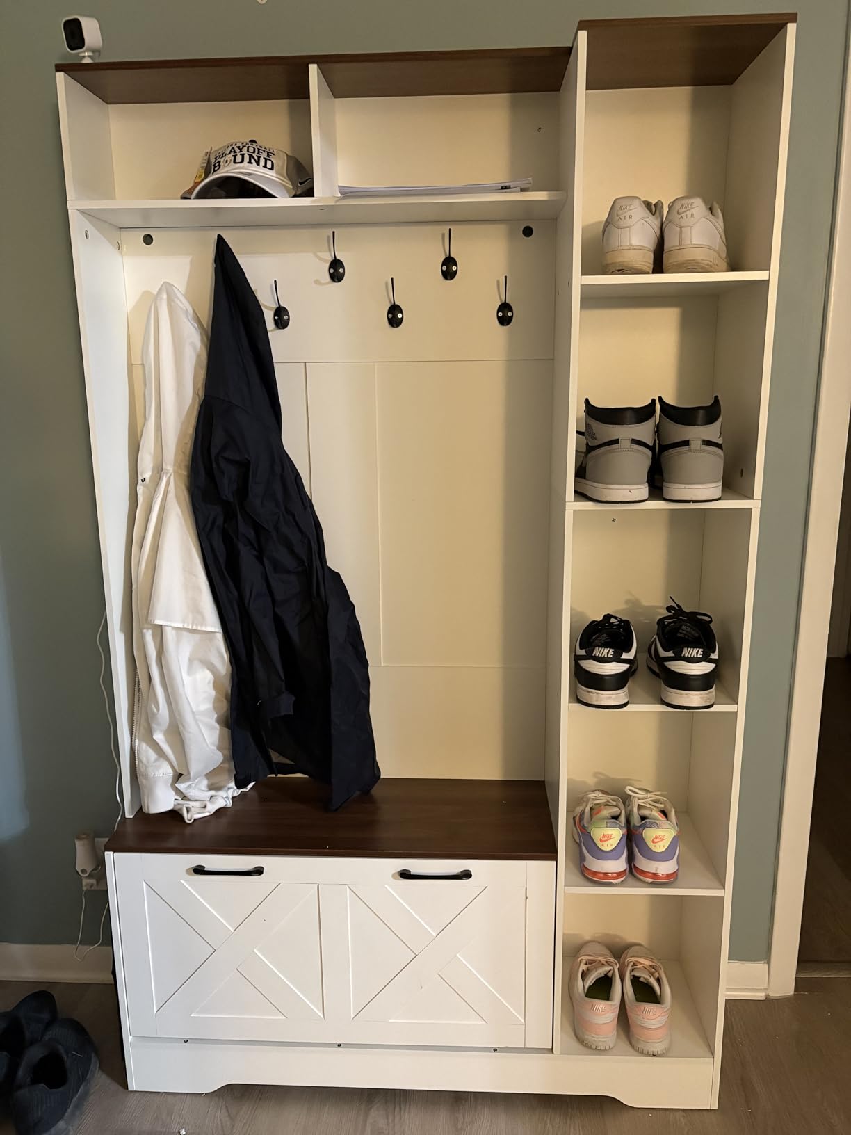 Itaar Hall Tree with Bench and Shoe Storage, Farmhouse Entryway Bench with Coat Rack, Shoe Cabinet with Flip Drawers, 7 Shelves, 10 Coat Hooks, Storage Bag, Led Lights, White customer photo 2