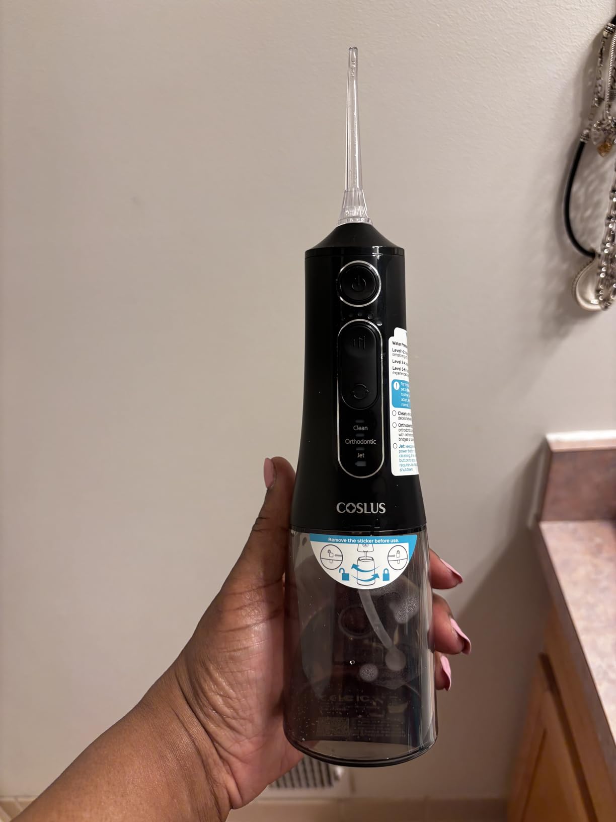 COSLUS C51 Portable Water Flosser for Teeth: 3 Modes & 6 Pressure Settings with Jet Mode Water Dental Pick for Orthodontic, Braces, Sensitive Gums, Compact for Travel, 300ML for Multiple Users, White customer photo 1