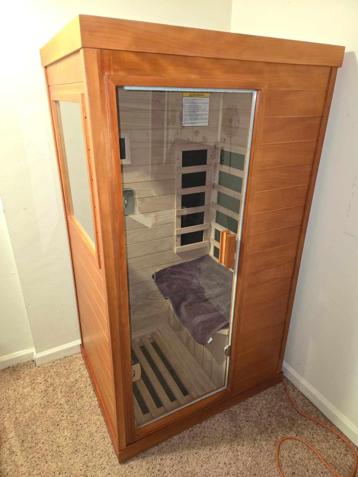 Outdoor Traditional Steam Sauna Barrel Sauna, 4 Person Outdoor Sauna 4.5KW/240V Stove Heater, Finnish Carbonized Spruce with Wooden Barrel, Spoon, Sauna Stone, LED Light - 59 * 70.9 * 75.9 in customer photo 2