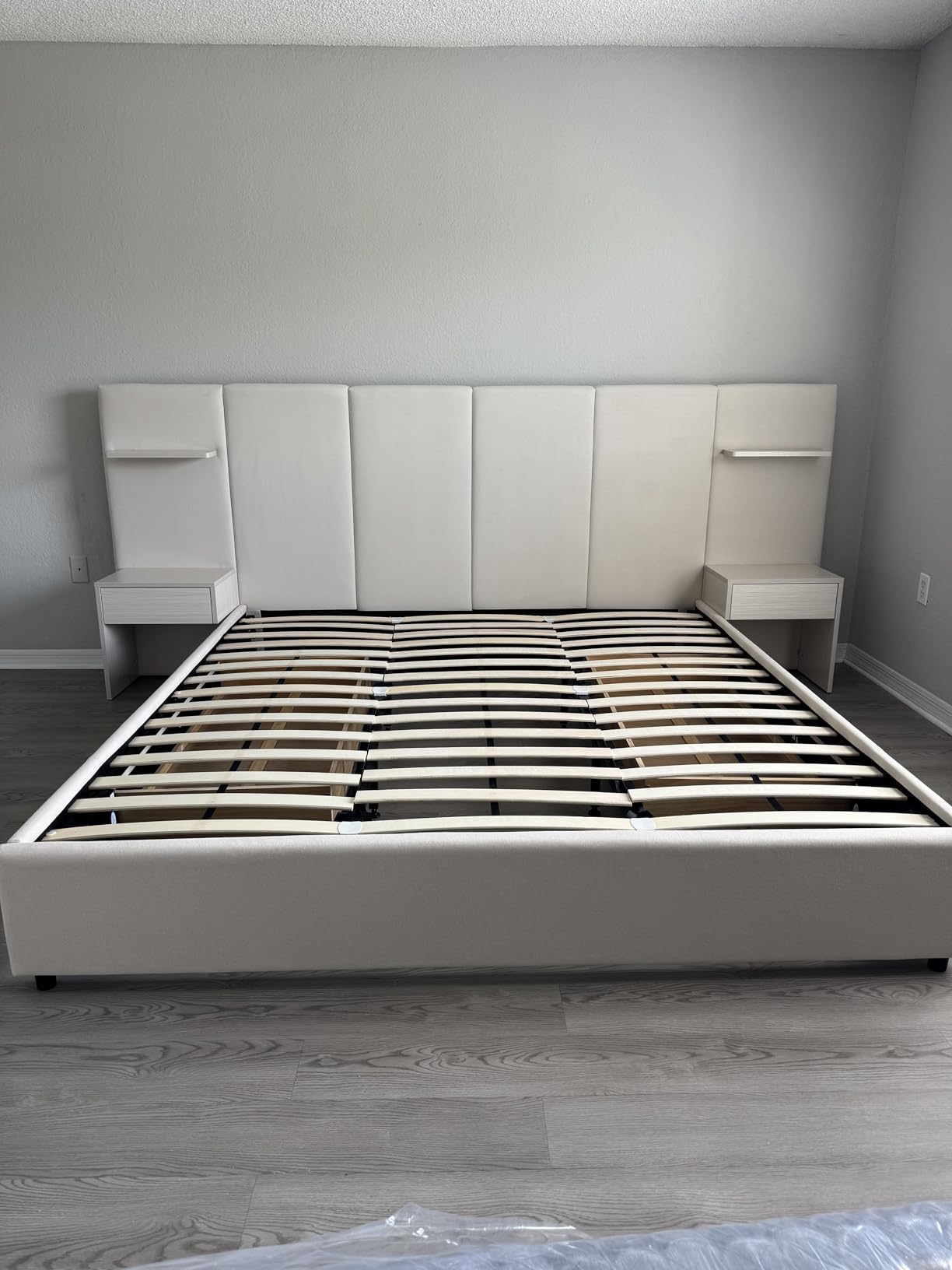 King Bed Frame with Storage & Built-in Nightstands, Velvet Upholstered Platform Bed Frame with Drawers & 2 Floating Storage Shelves, Noise-Free, No Box Spring Needed, Easy Assembly, Beige customer photo 1