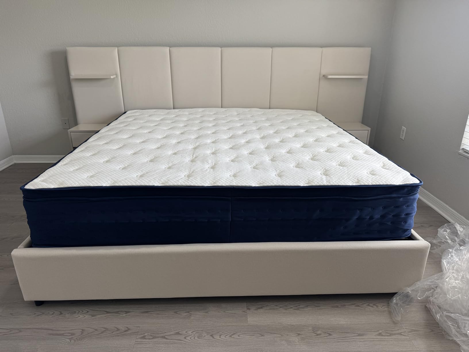 King Bed Frame with Storage & Built-in Nightstands, Velvet Upholstered Platform Bed Frame with Drawers & 2 Floating Storage Shelves, Noise-Free, No Box Spring Needed, Easy Assembly, Beige customer photo 2