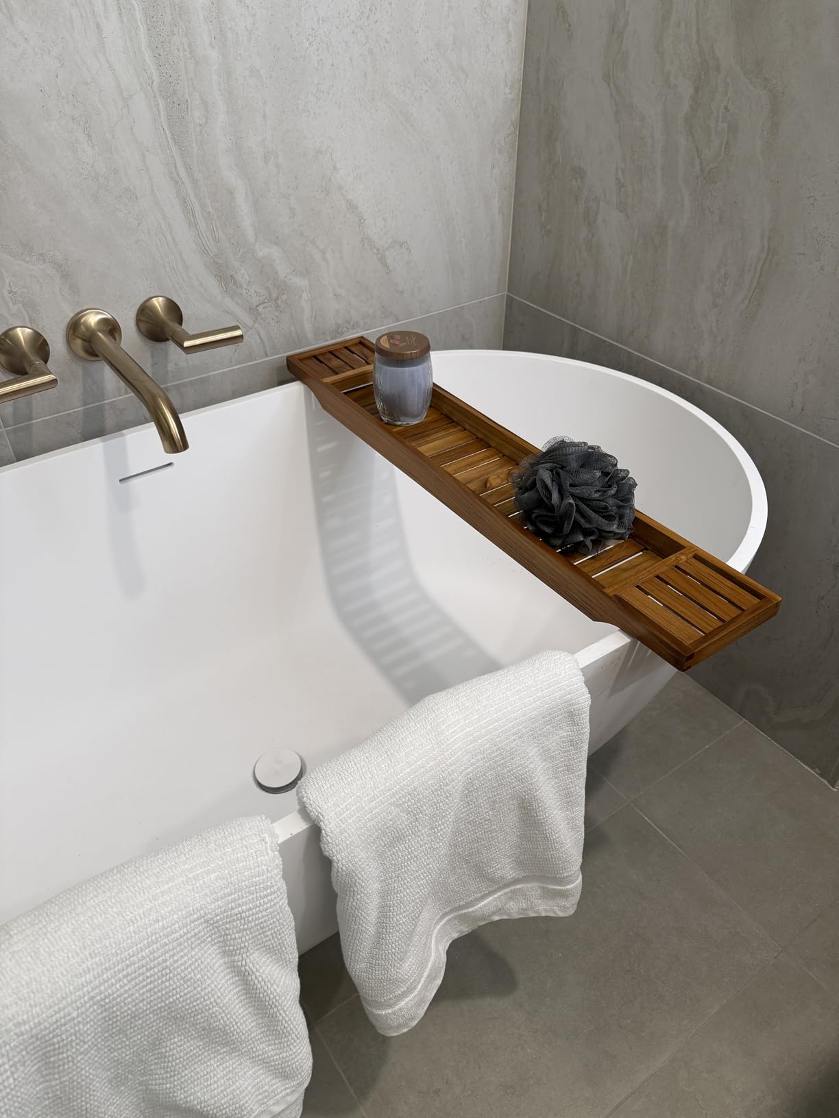 VaeFae Teak Bathtub Tray, Wooden Bath Caddy for Bathtub, Bath Tub Wood Table for Tub customer photo 2