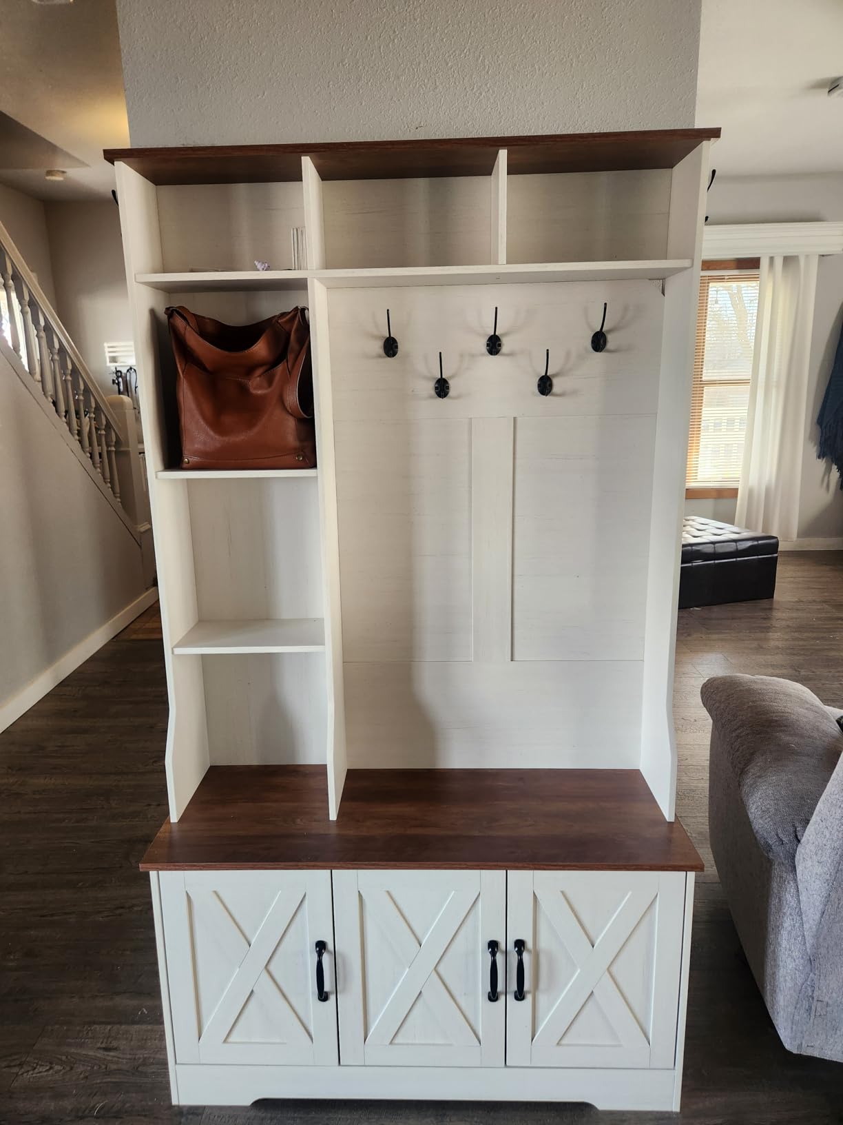 Hall Tree with Bench and Shoe Storage, Farmhouse Entryway Bench with Coat Racks and Led Lights, Tall Hall Tree with 7 Coat Hooks, 6 Storage Cubbies, Adjustable Shelf customer photo 1