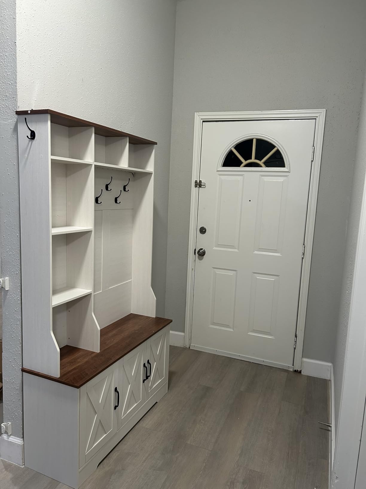 Hall Tree with Bench and Shoe Storage, Farmhouse Entryway Bench with Coat Racks and Led Lights, Tall Hall Tree with 7 Coat Hooks, 6 Storage Cubbies, Adjustable Shelf customer photo 2