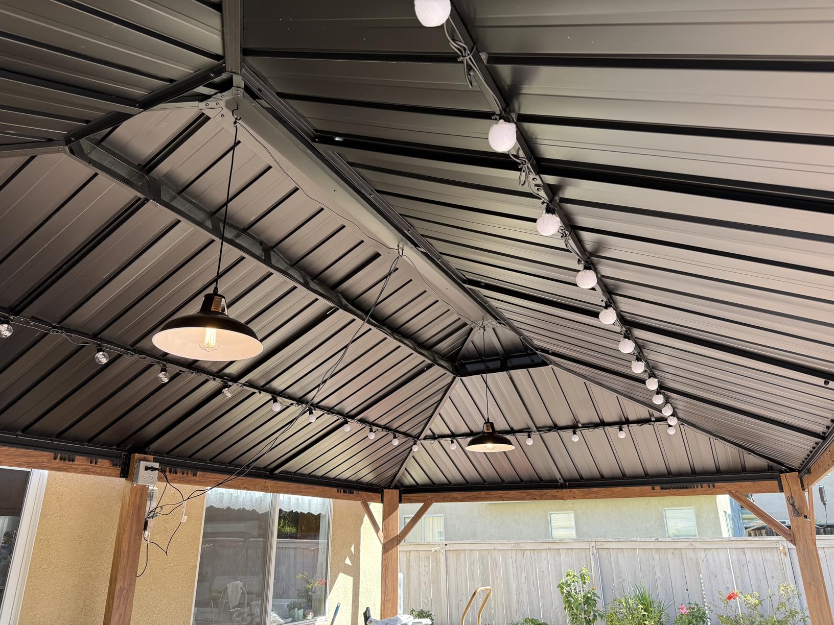 PURPLE LEAF 14' X 16' Outdoor Hardtop Gazebo for Patio Galvanized Steel Double Roof Permanent Canopy Teak Finish Coated Aluminum Frame Pavilion Gazebo with Netting and String Lights customer photo 1